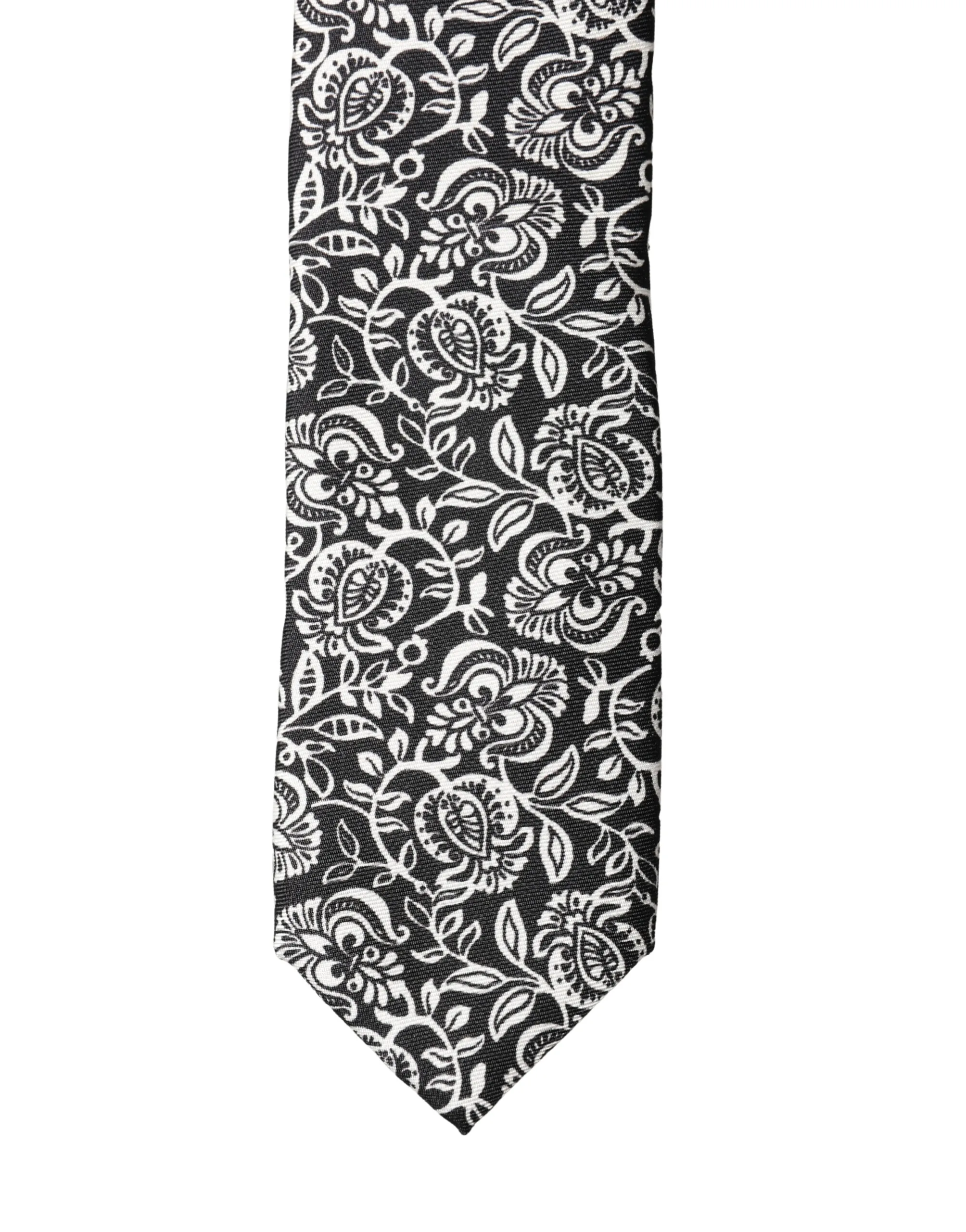Black White Floral Fantasy Silk Adjustable Necktie Tie - Image 2