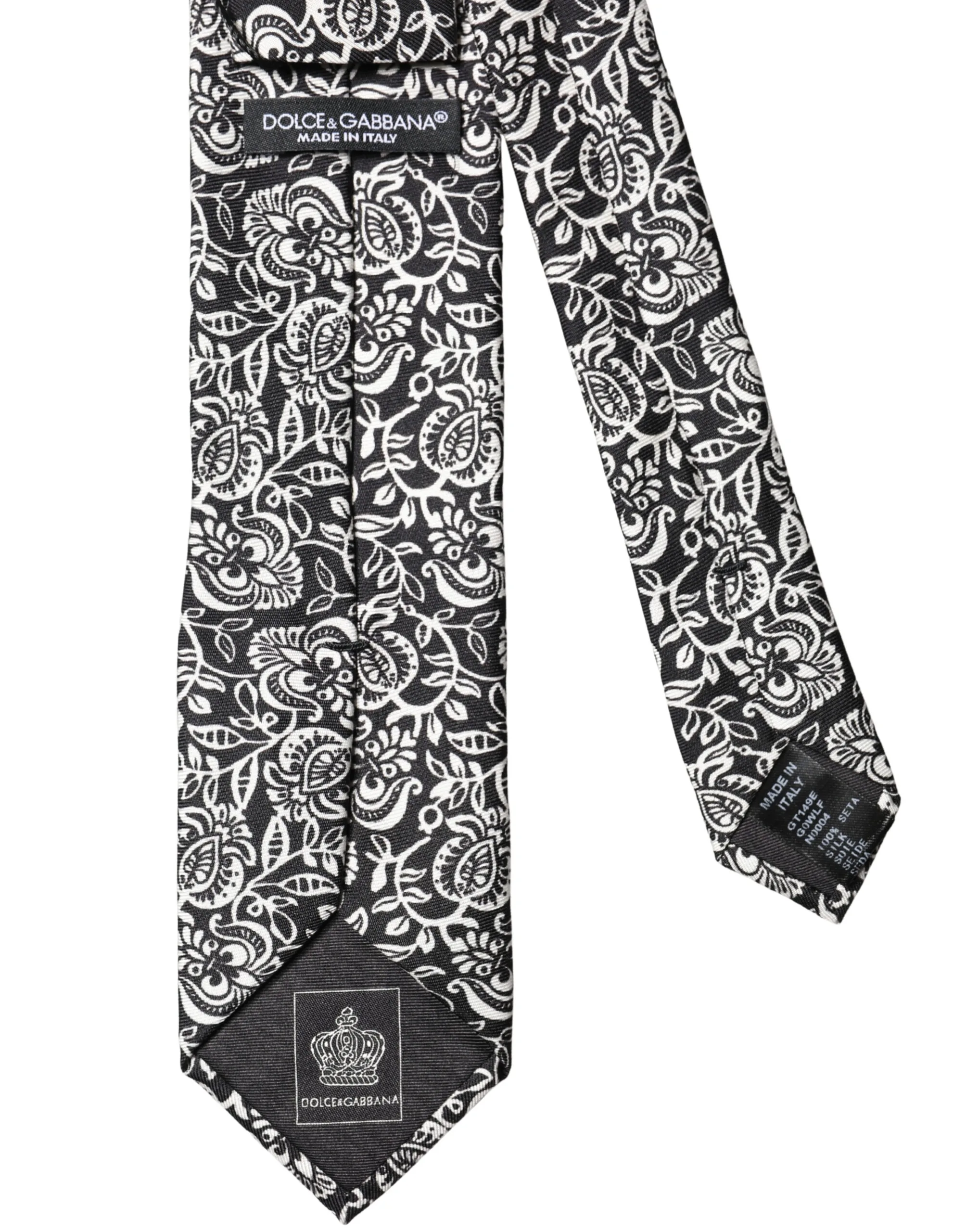 Black White Floral Fantasy Silk Adjustable Necktie Tie - Image 3