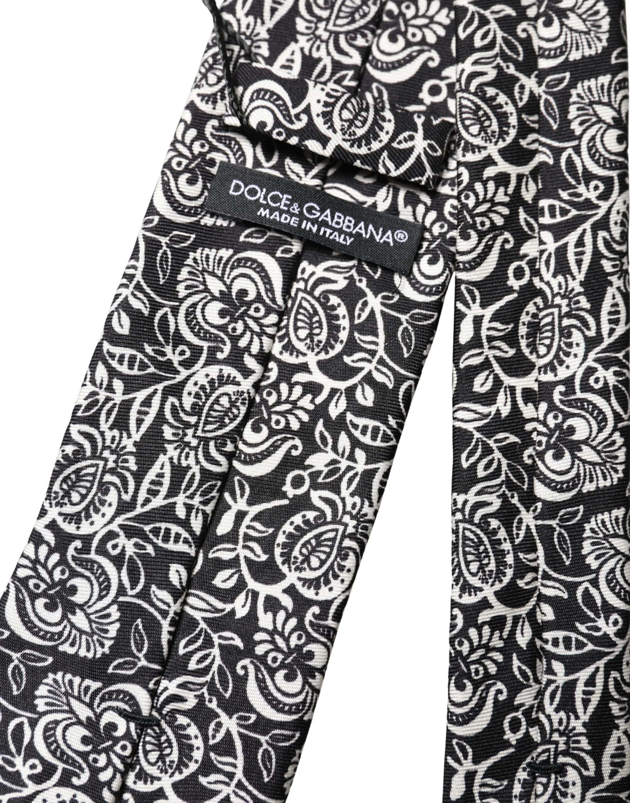 Black White Floral Fantasy Silk Adjustable Necktie Tie - Image 5