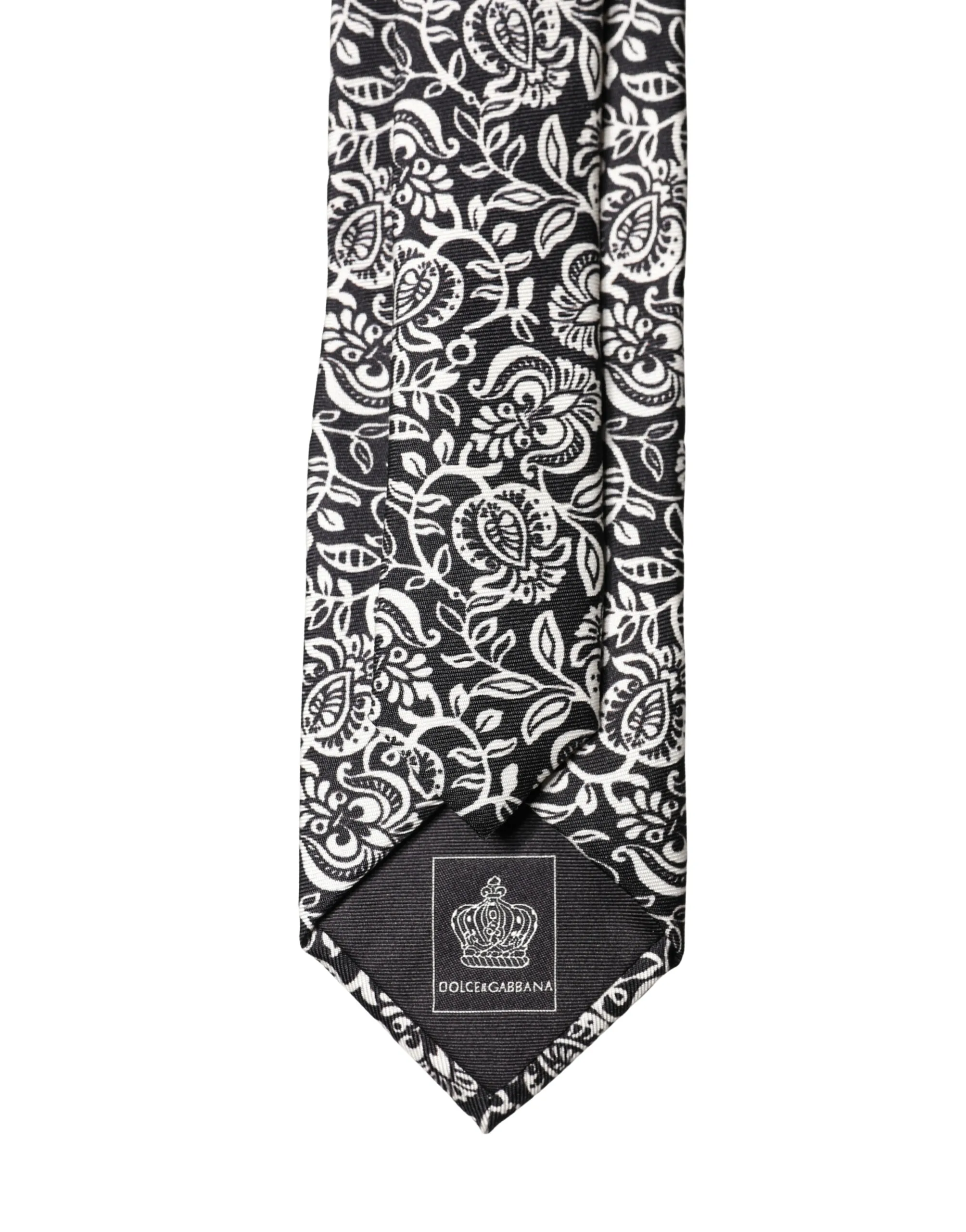 Black White Floral Fantasy Silk Adjustable Necktie Tie - Image 6