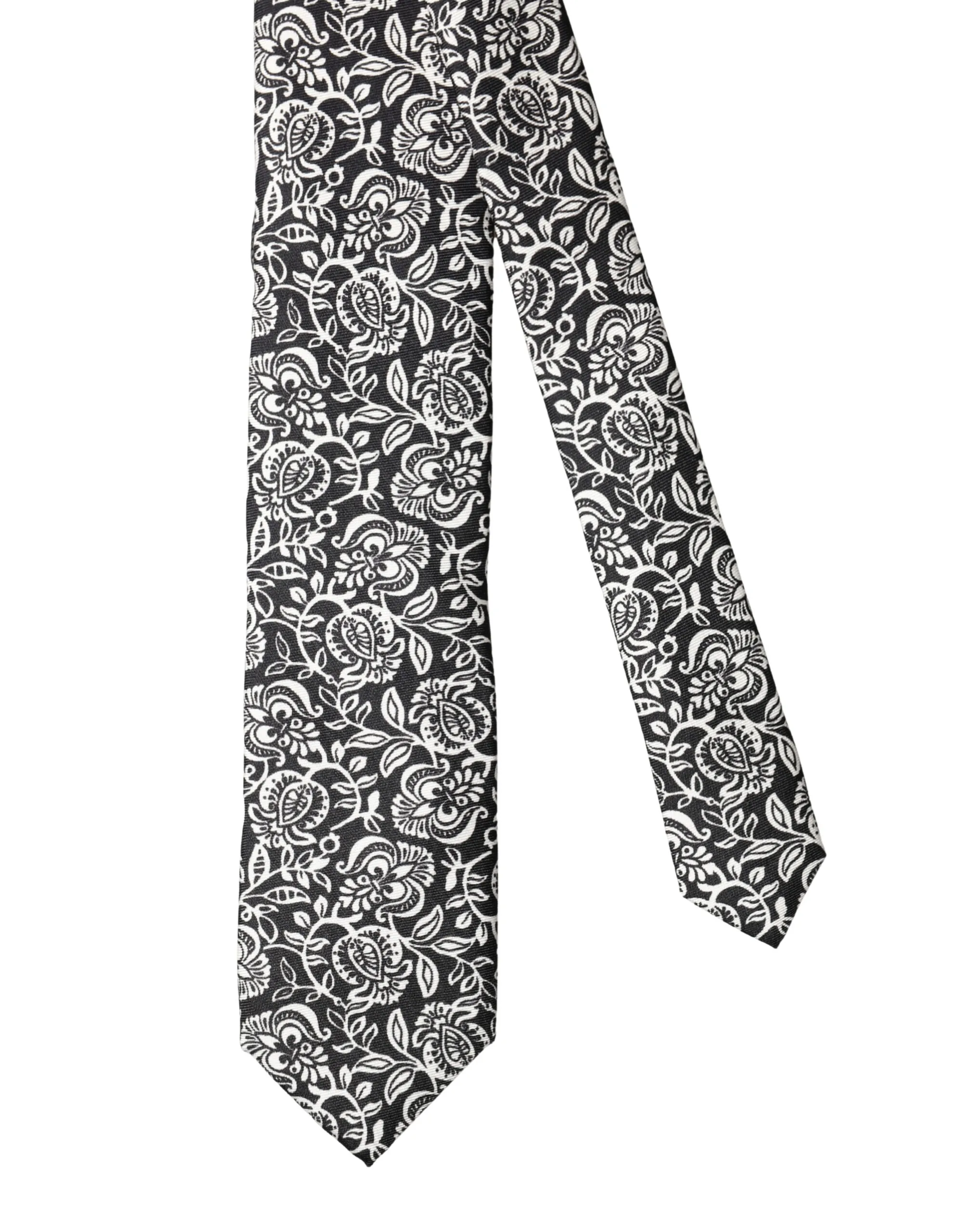 Black White Floral Fantasy Silk Adjustable Necktie Tie - Image 7