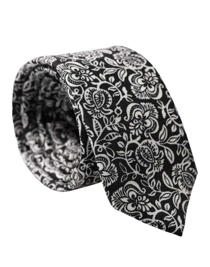 Black White Floral Fantasy Silk Adjustable Necktie Tie