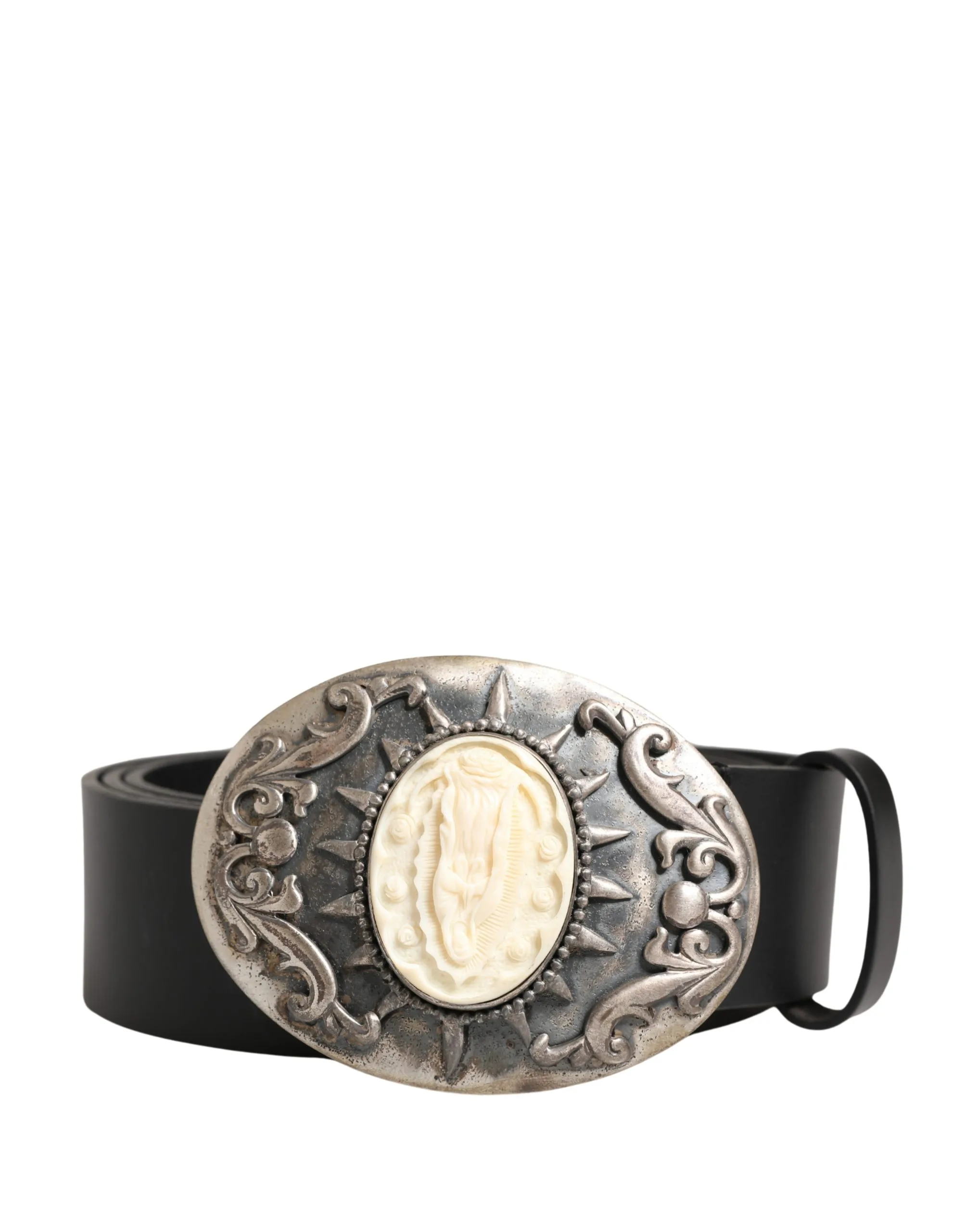 Black Calf Leather Ornate Metal Buckle Belt