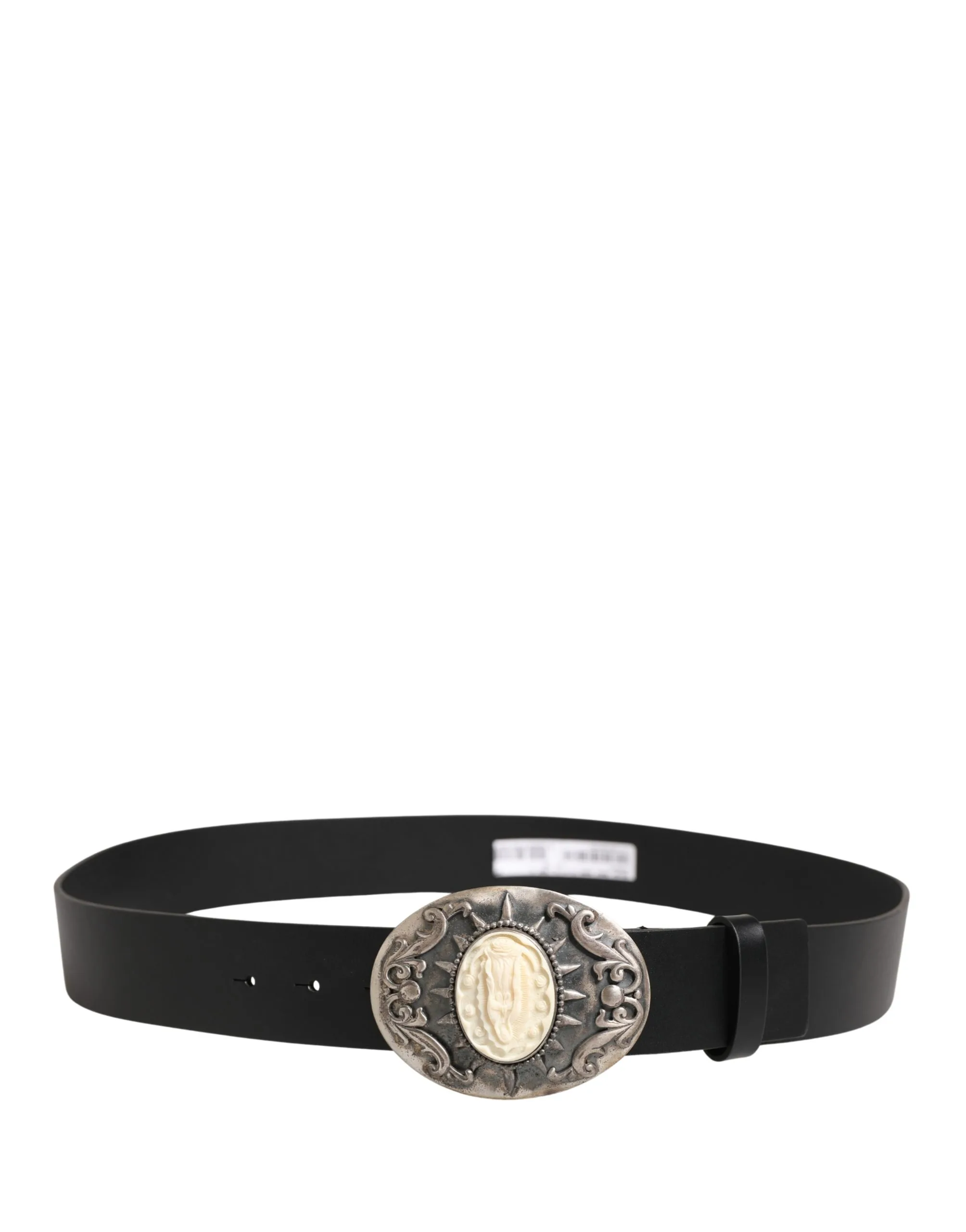 Black Calf Leather Ornate Metal Buckle Belt - Image 2