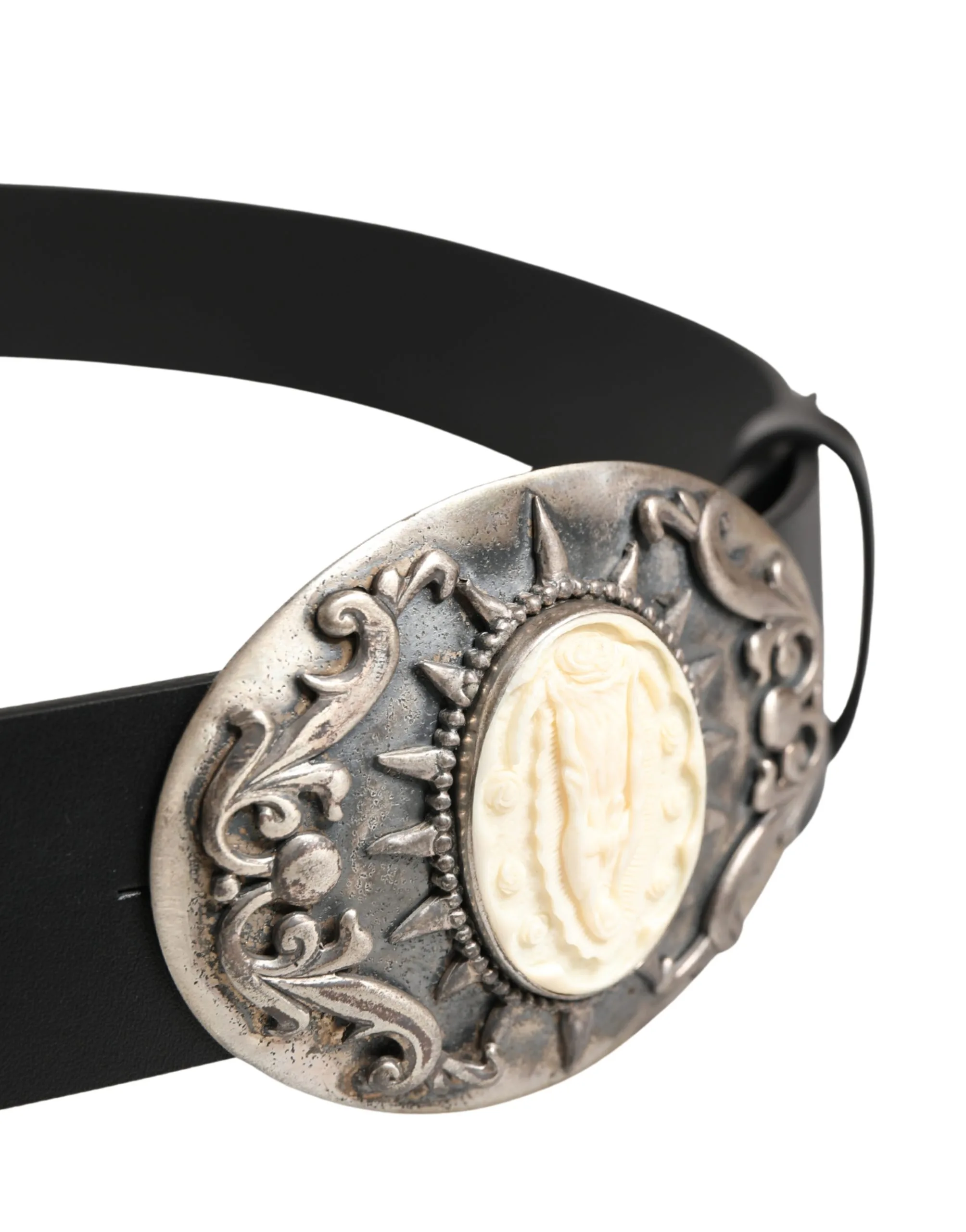Black Calf Leather Ornate Metal Buckle Belt - Image 3