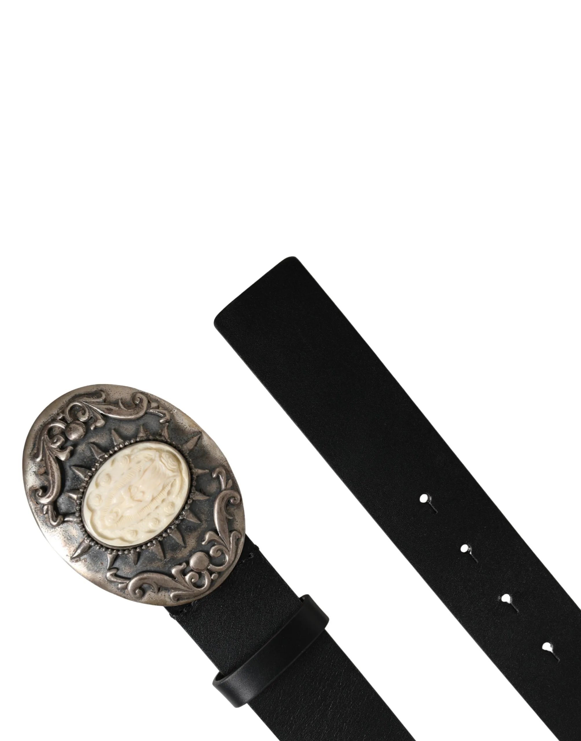 Black Calf Leather Ornate Metal Buckle Belt - Image 5