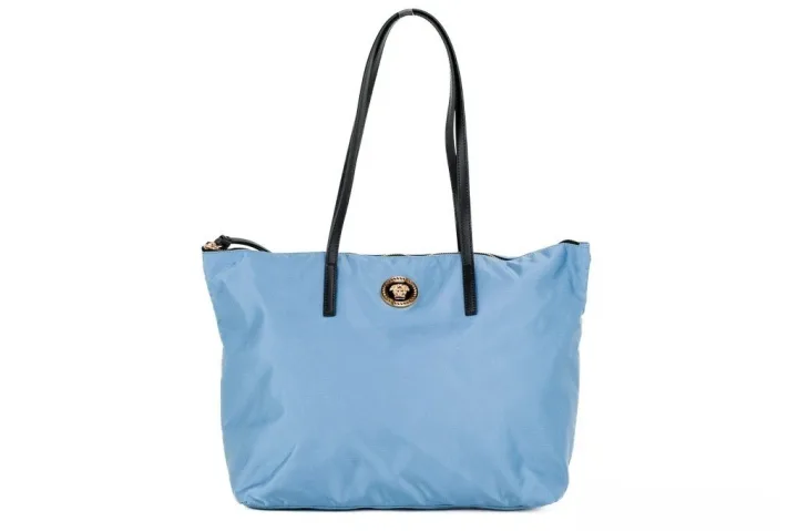 Versace Portuna Medusa Medium Cornflower Blue Nylon Leather Tote Bag Purse