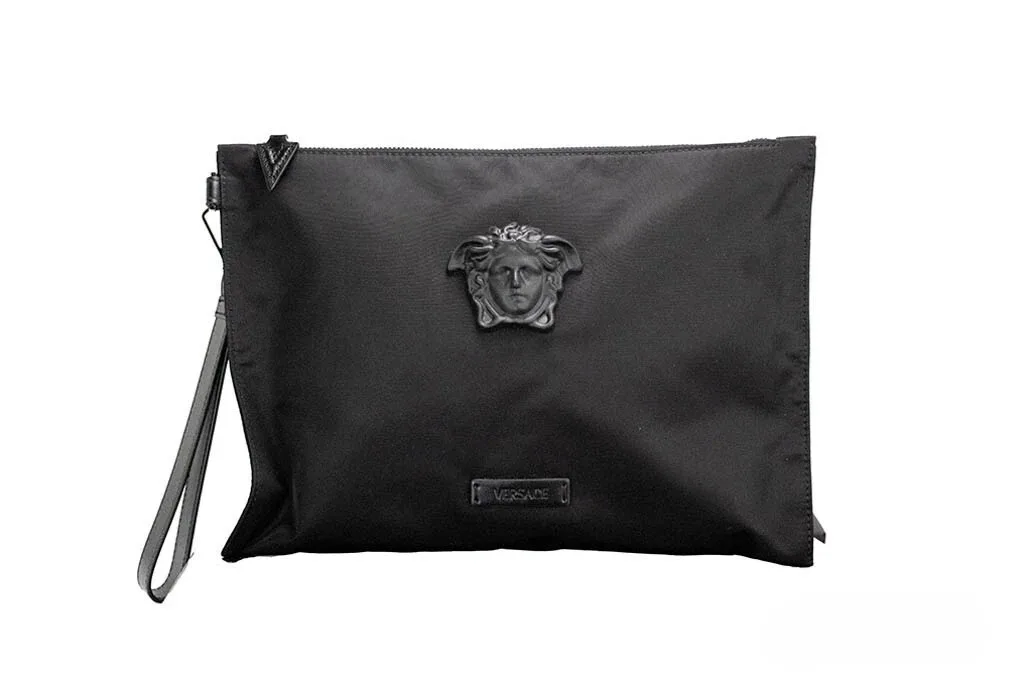 Versace Large Black Nylon Fabric Medusa Convertible Pouch Clutch Wristlet Bag