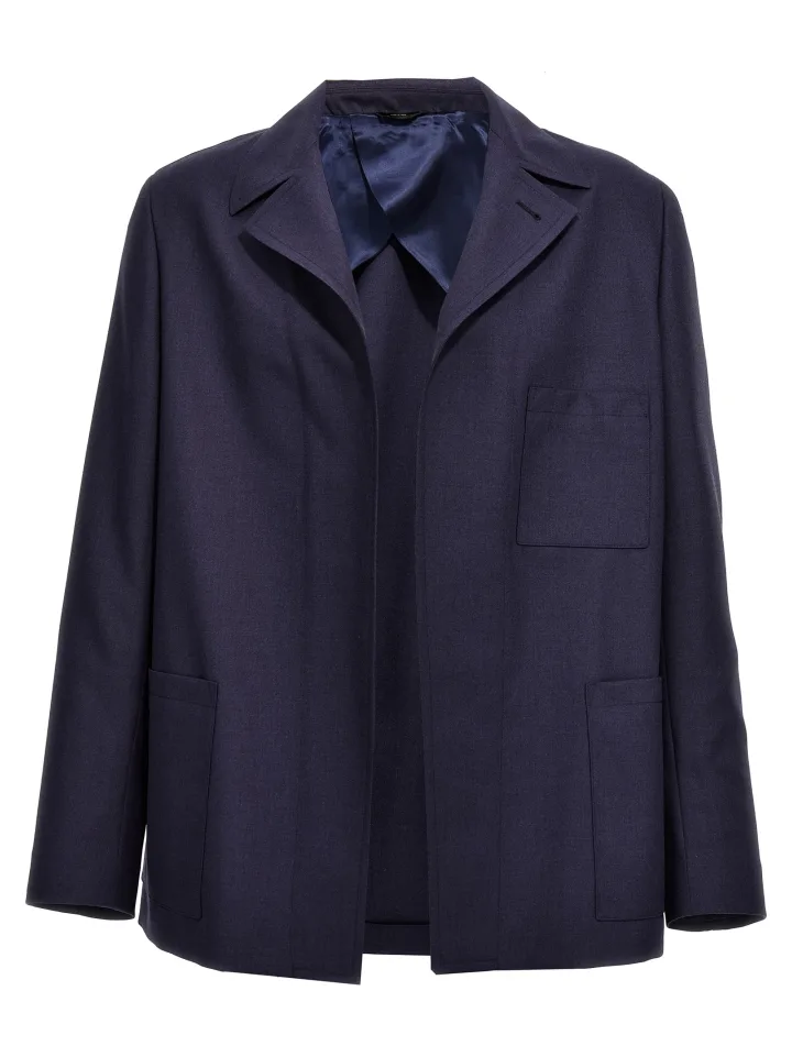 Blue Virgin Wool Full - Length Jacket