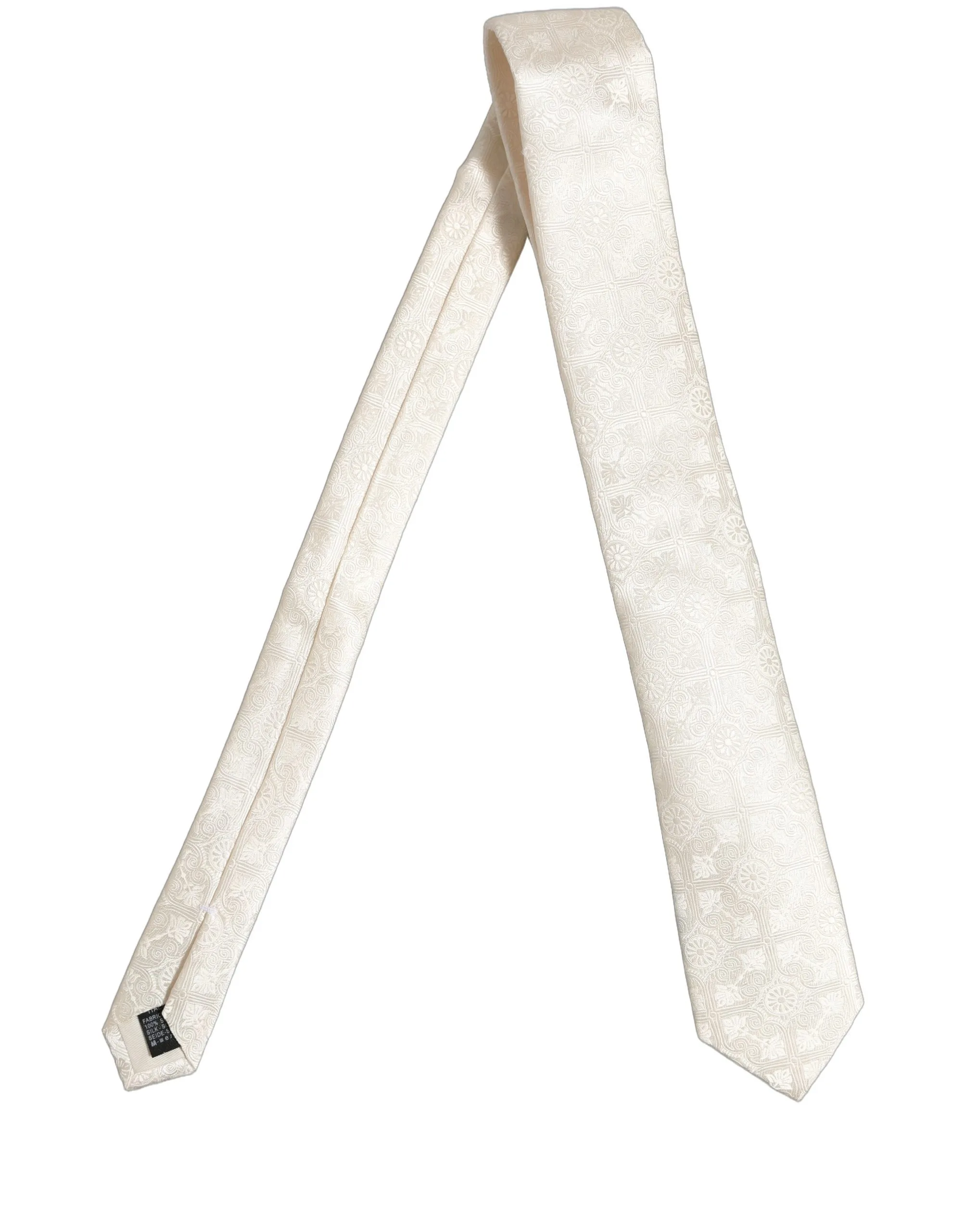 Off White Silk Damask Woven Adjustable Tied Necktie Tie - Image 2