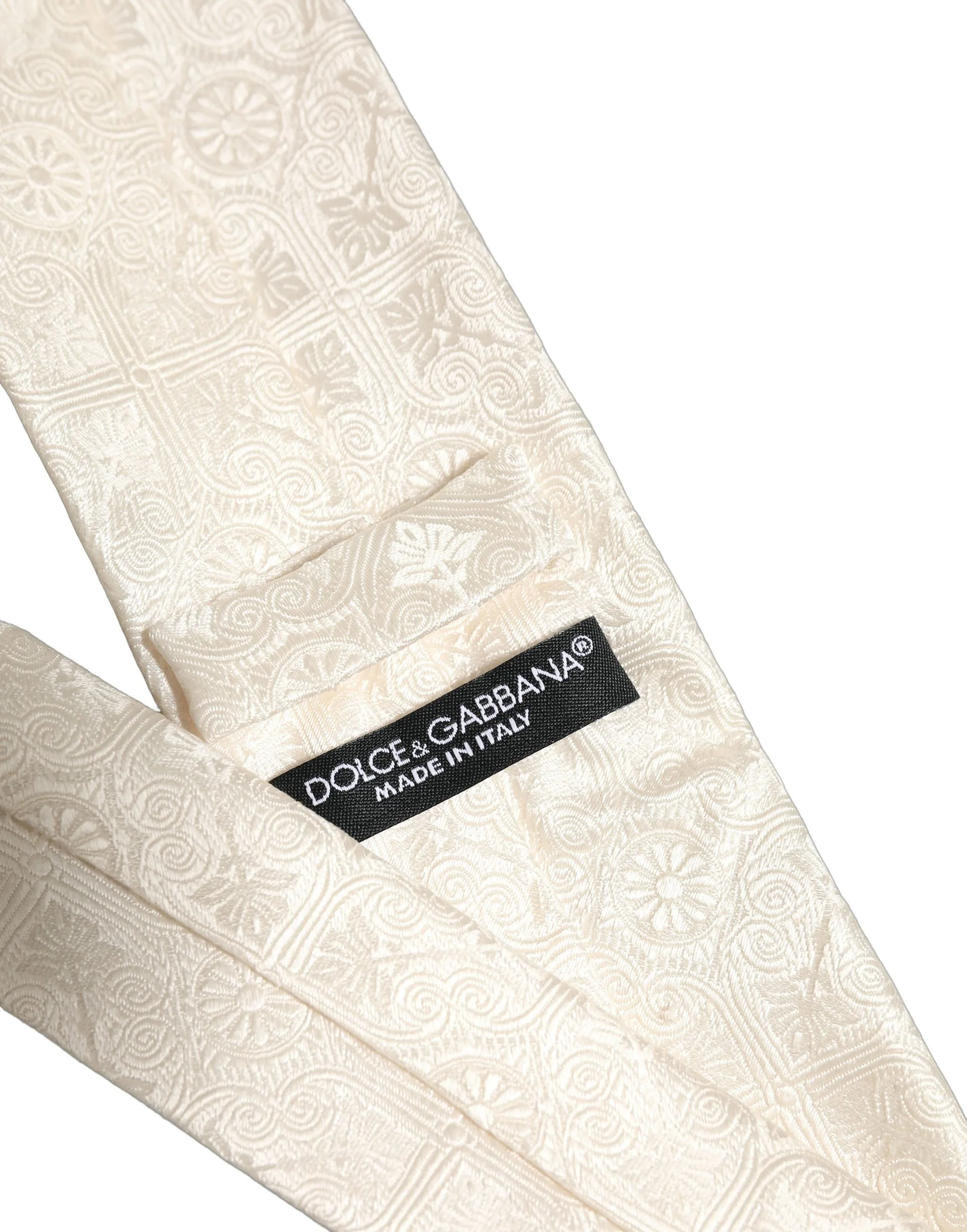 Off White Silk Damask Woven Adjustable Tied Necktie Tie - Image 6