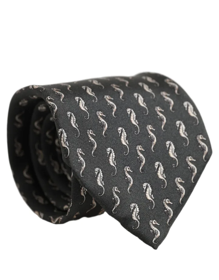 Men Black Seahorse Silk Adjustable Tied Necktie Tie