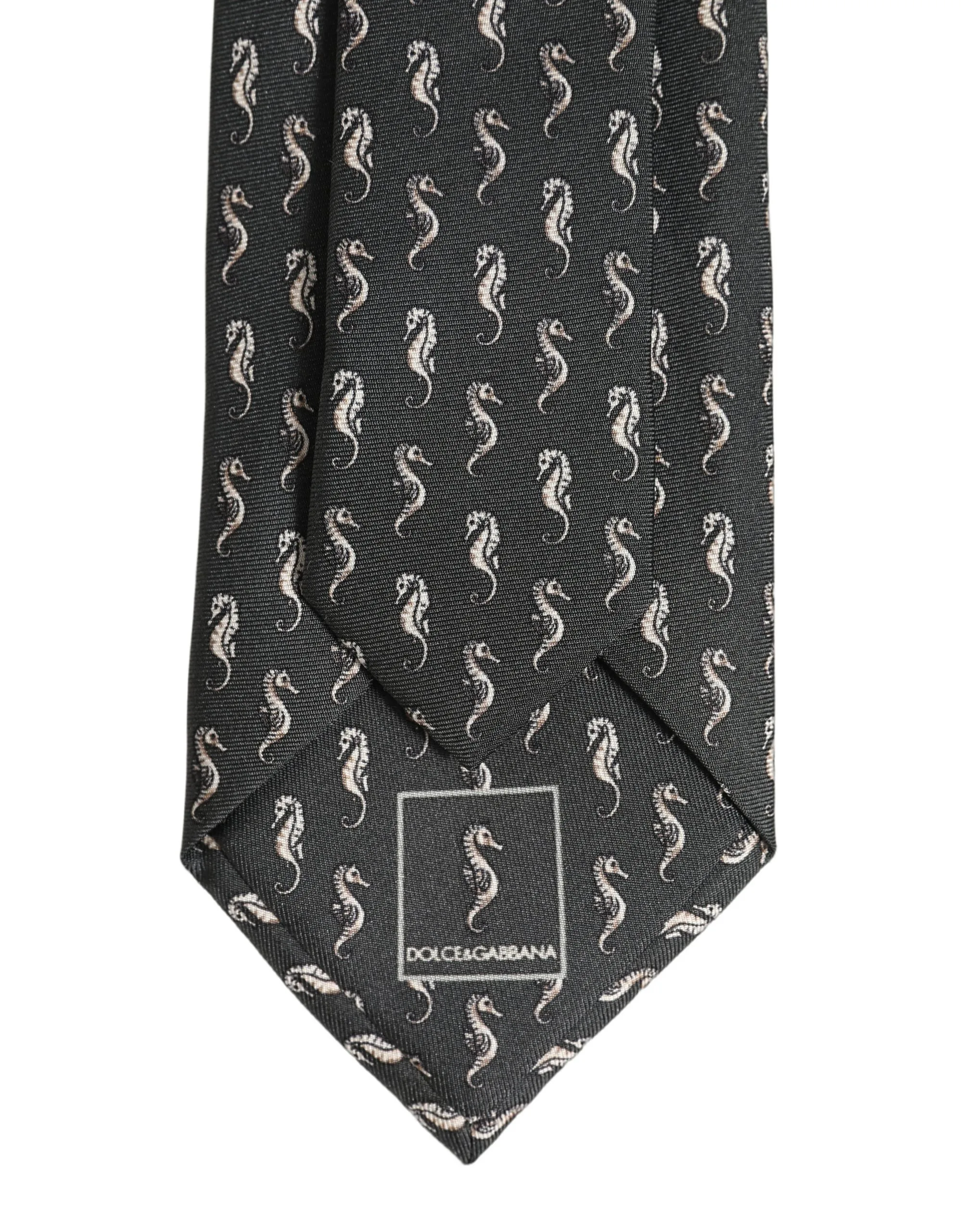Men Black Seahorse Silk Adjustable Tied Necktie Tie - Image 4