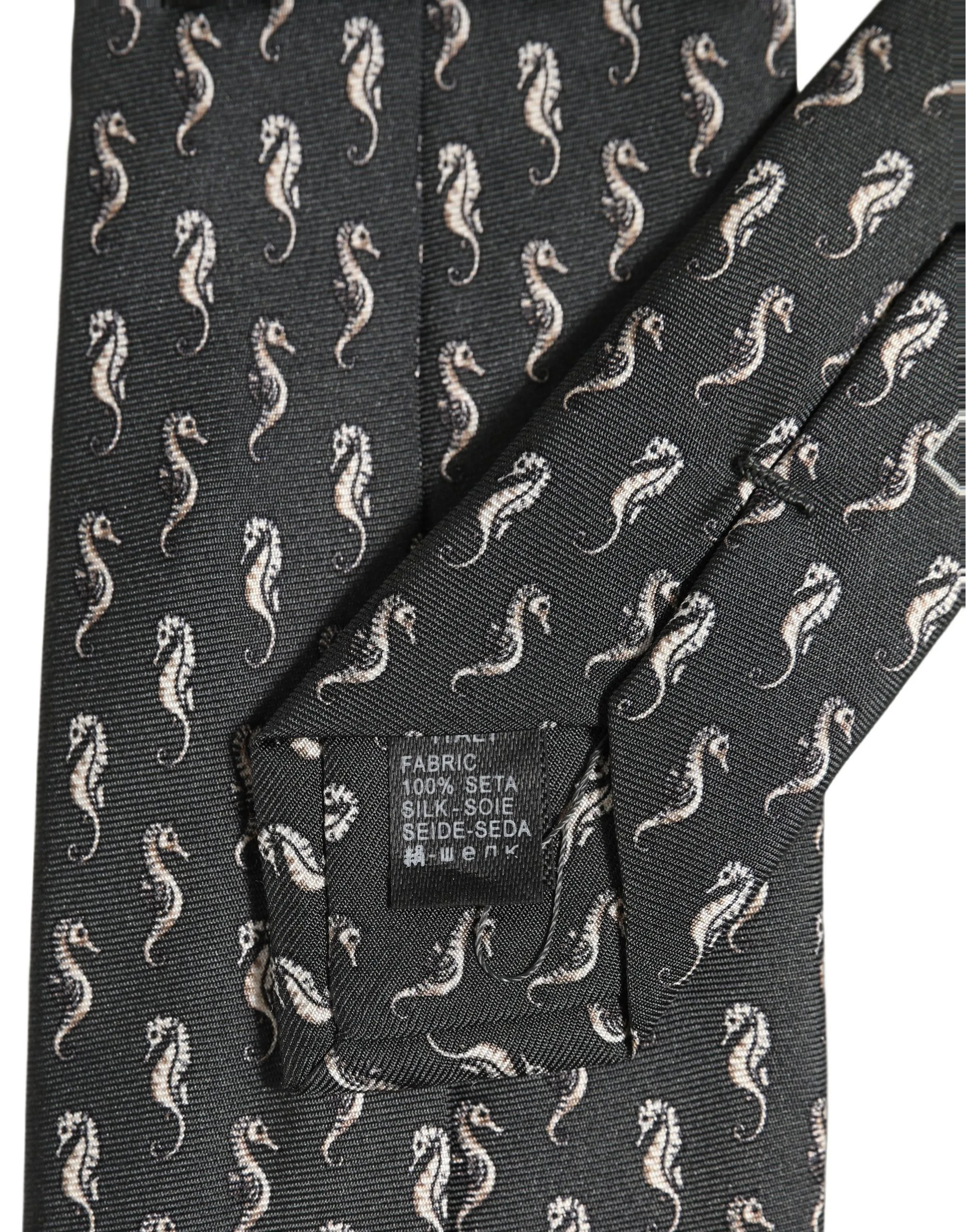 Men Black Seahorse Silk Adjustable Tied Necktie Tie - Image 6