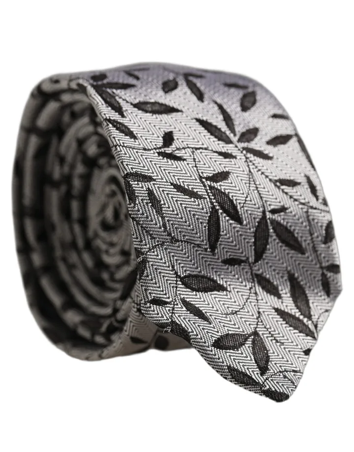 Men Gray Silk Leaf Pattern Adjustable Tied Necktie Tie