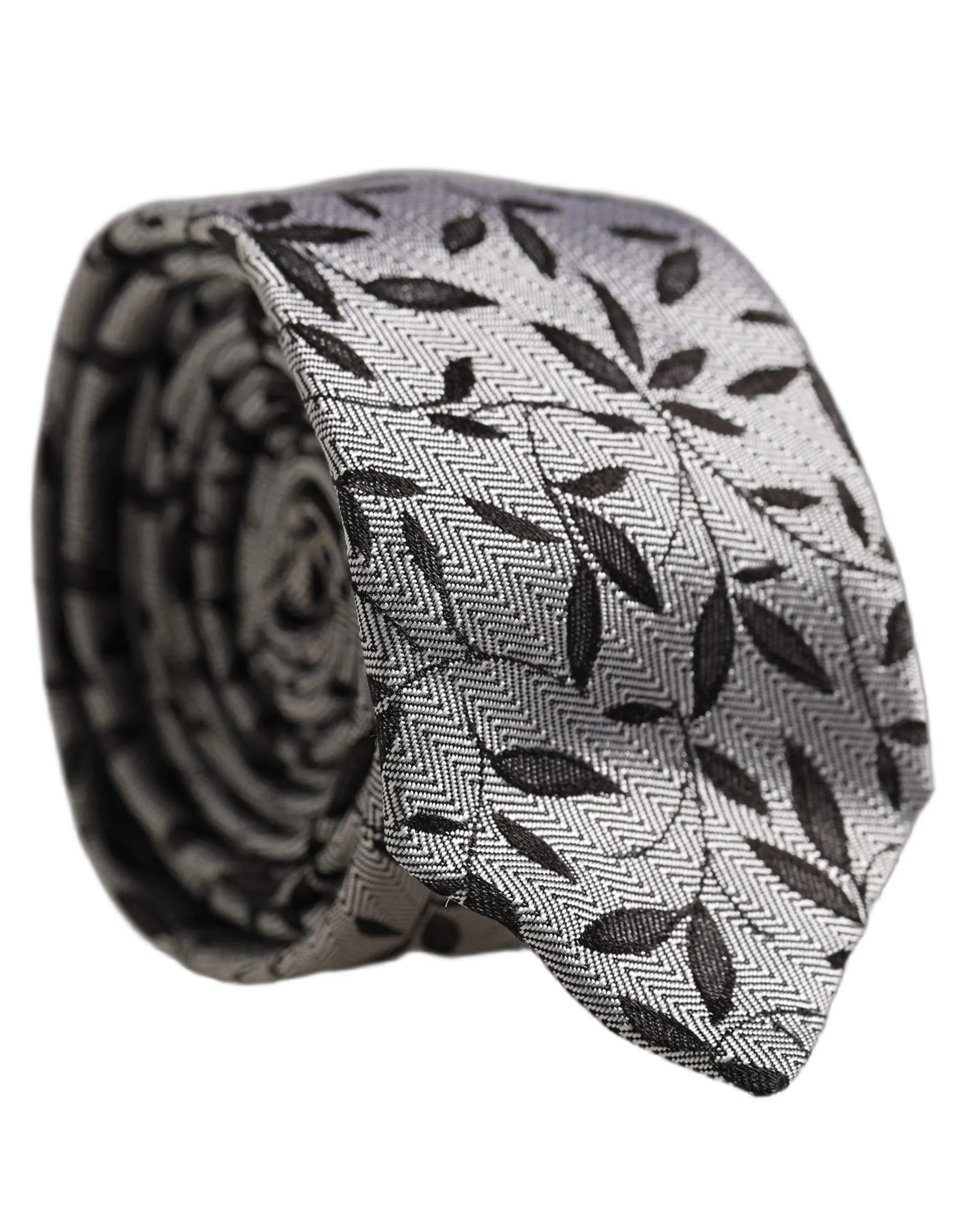 Men Gray Silk Leaf Pattern Adjustable Tied Necktie Tie