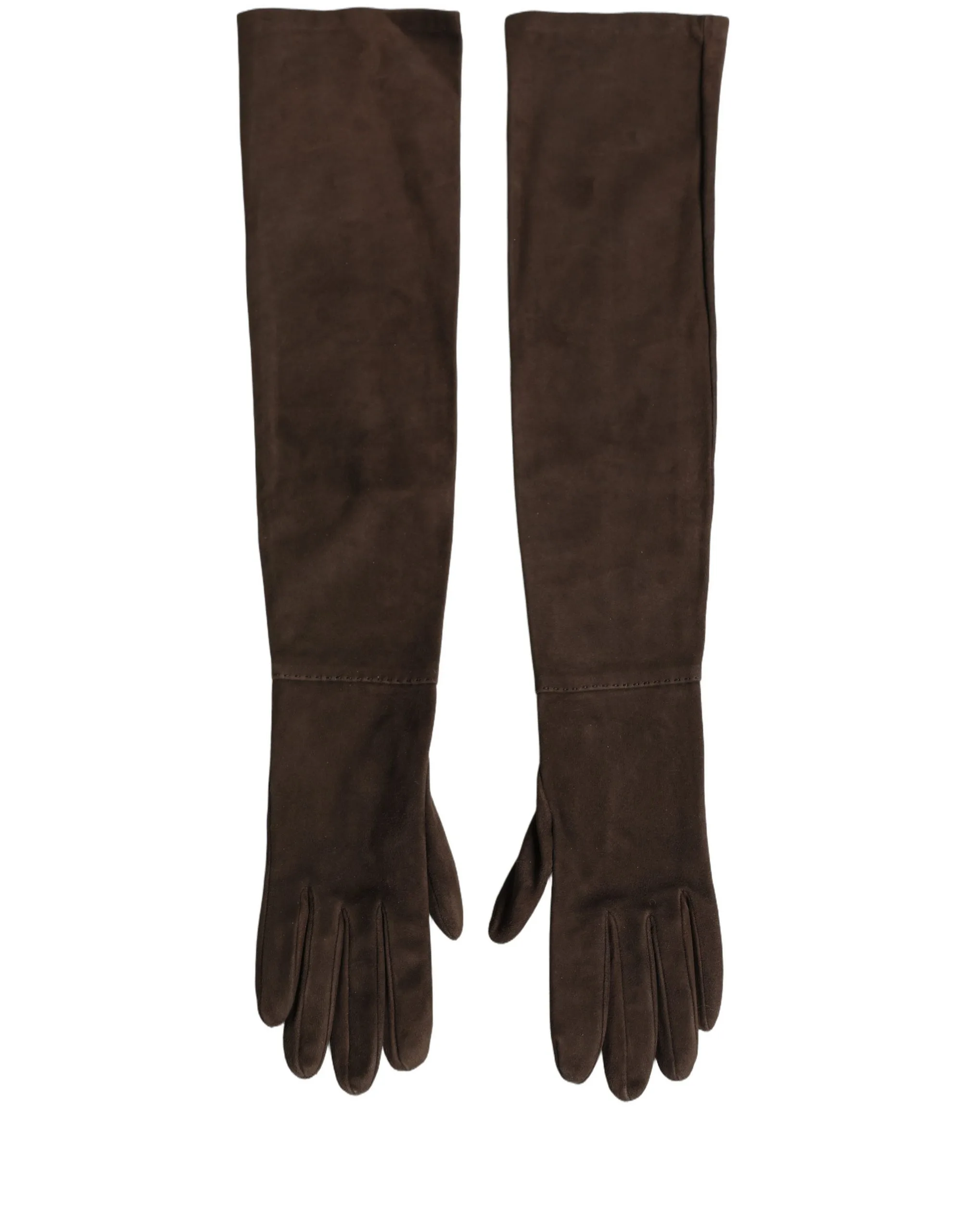Brown Genuine Leather Suede Elbow Length Gloves