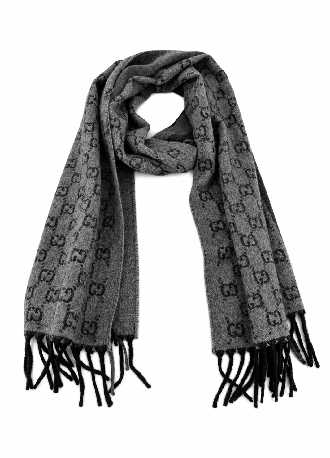 Monogram Grey Wool Scarf with Fringe - Image 2