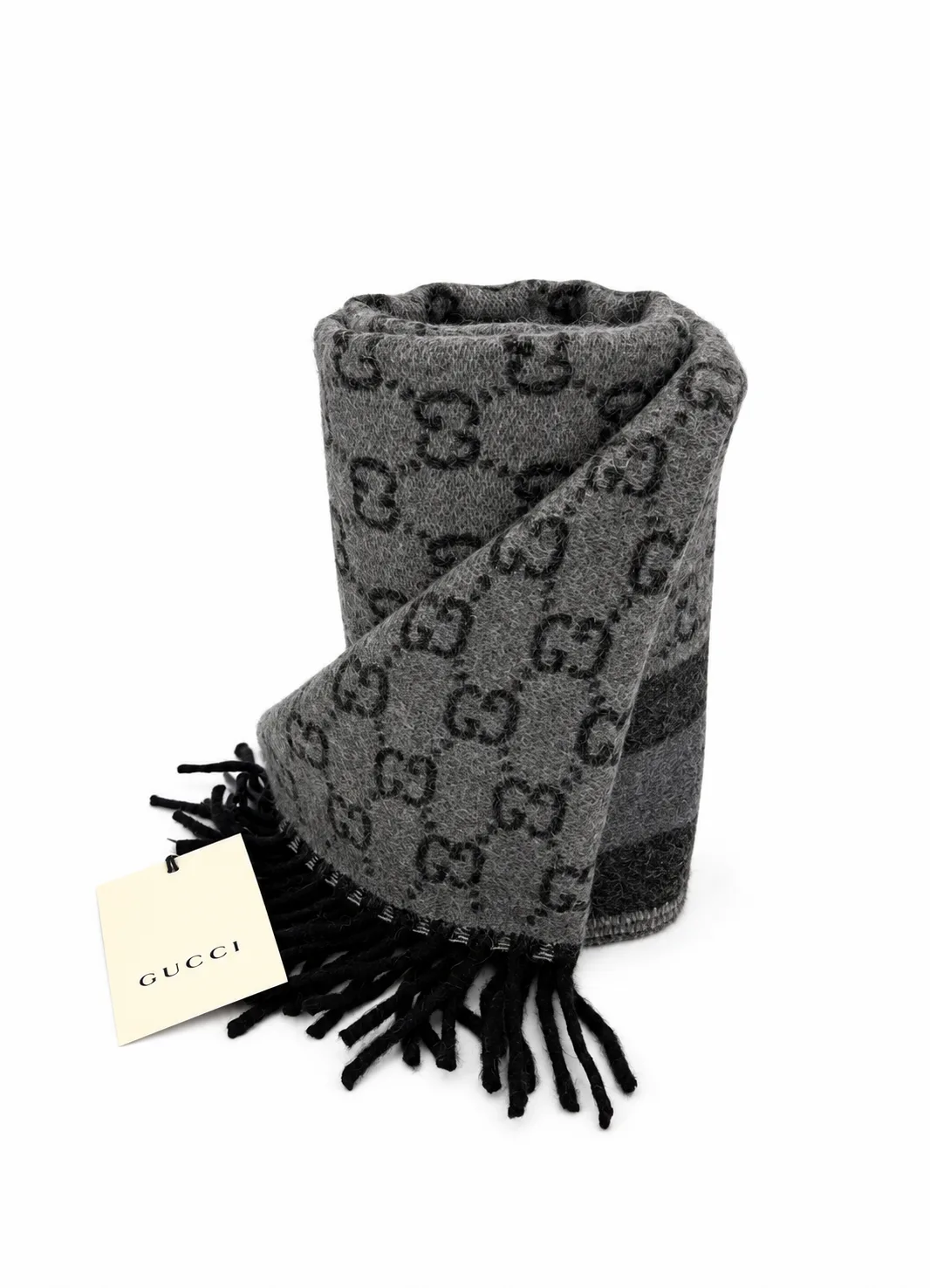 Monogram Grey Wool Scarf with Fringe - Image 5
