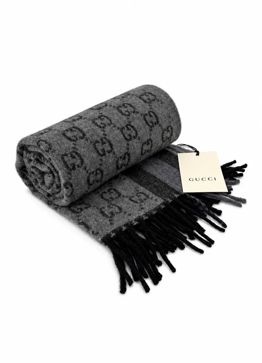 Monogram Grey Wool Scarf with Fringe - Image 3