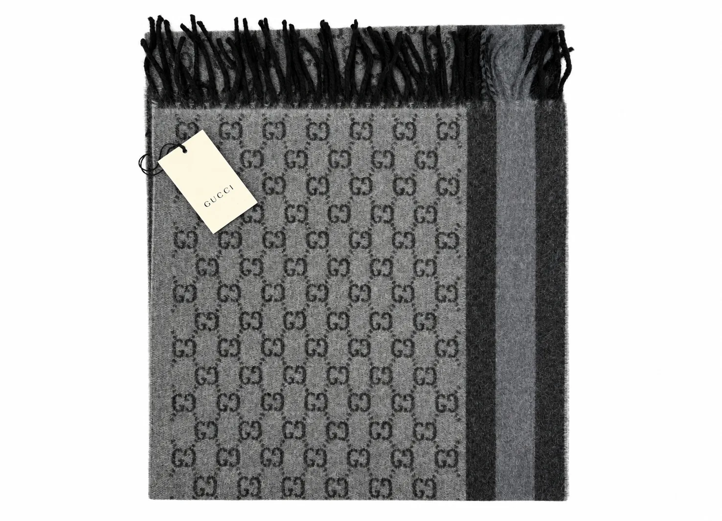 Monogram Grey Wool Scarf with Fringe - Image 4