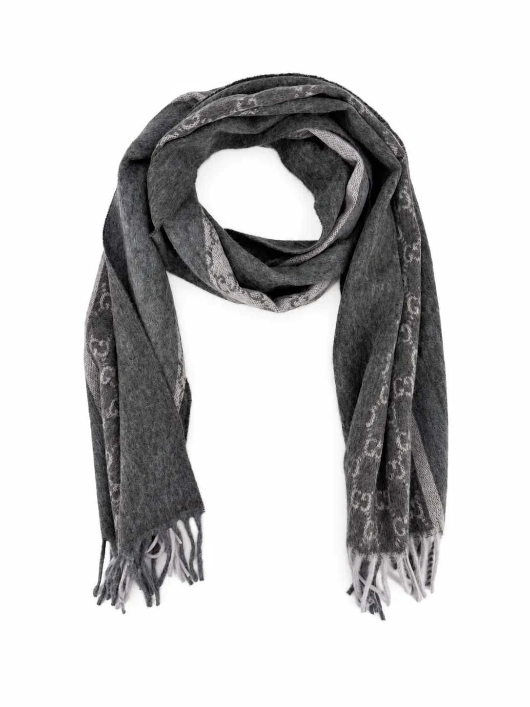 Monogram Charcoal Grey Cashmere & Wool Scarf with Fringe - Image 2