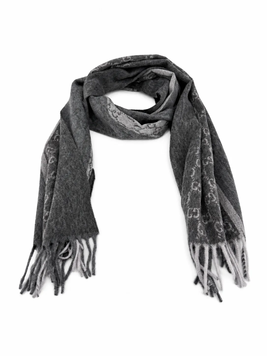 Monogram Charcoal Grey Cashmere & Wool Scarf with Fringe - Image 3