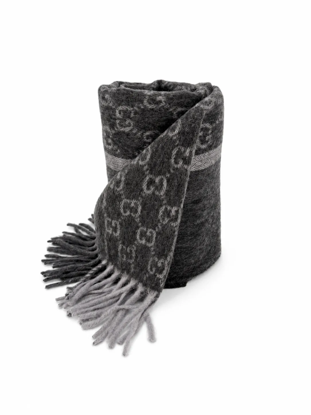 Monogram Charcoal Grey Cashmere & Wool Scarf with Fringe - Image 4