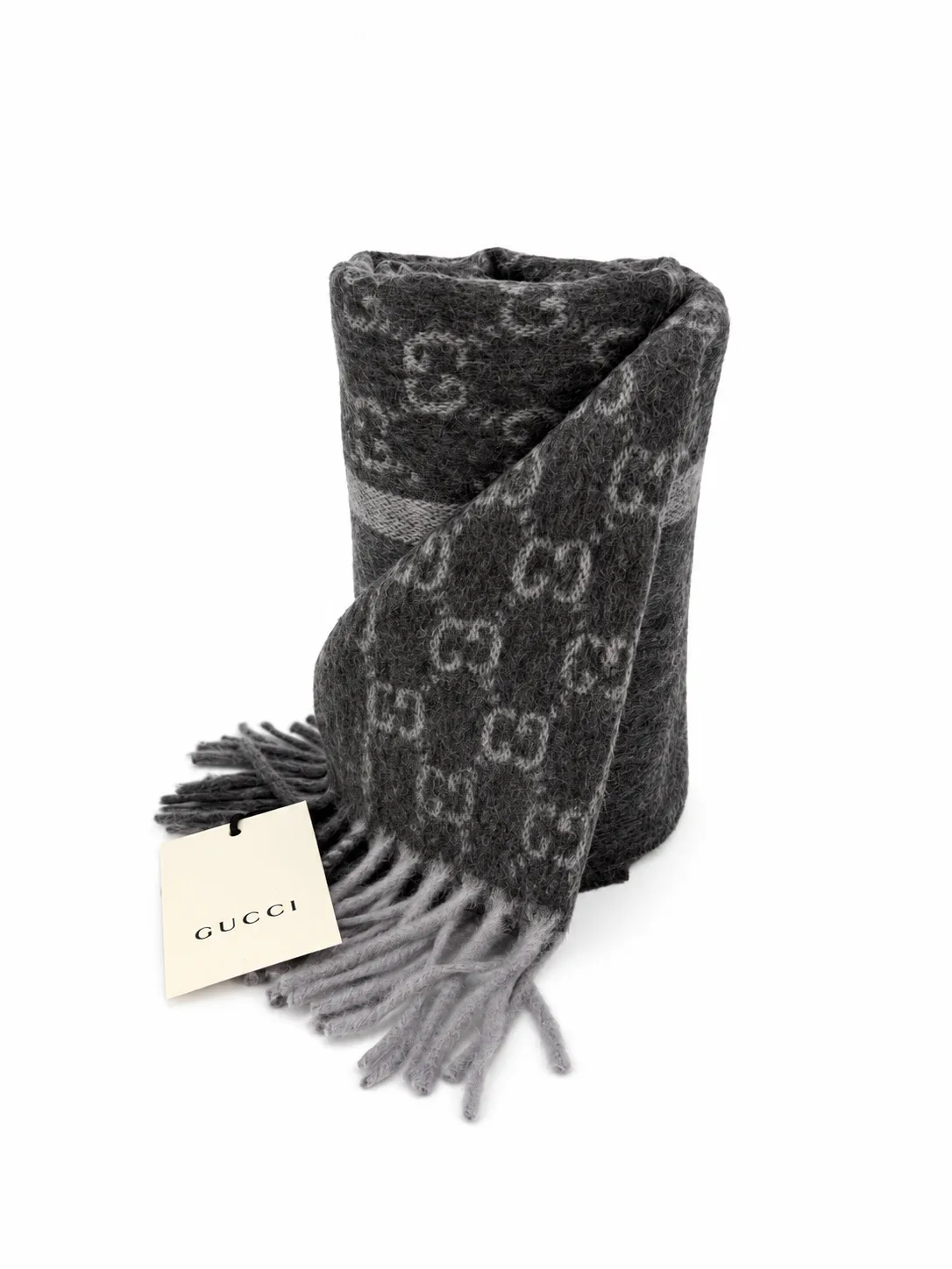 Monogram Charcoal Grey Cashmere & Wool Scarf with Fringe - Image 5