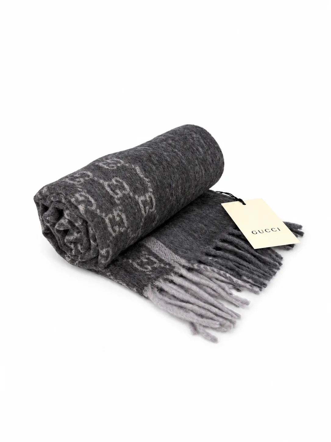 Monogram Charcoal Grey Cashmere & Wool Scarf with Fringe - Image 6