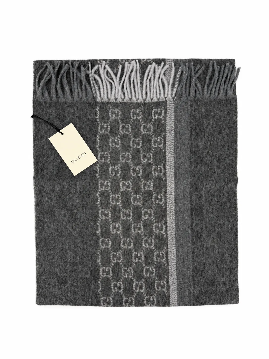 Monogram Charcoal Grey Cashmere & Wool Scarf with Fringe - Image 7