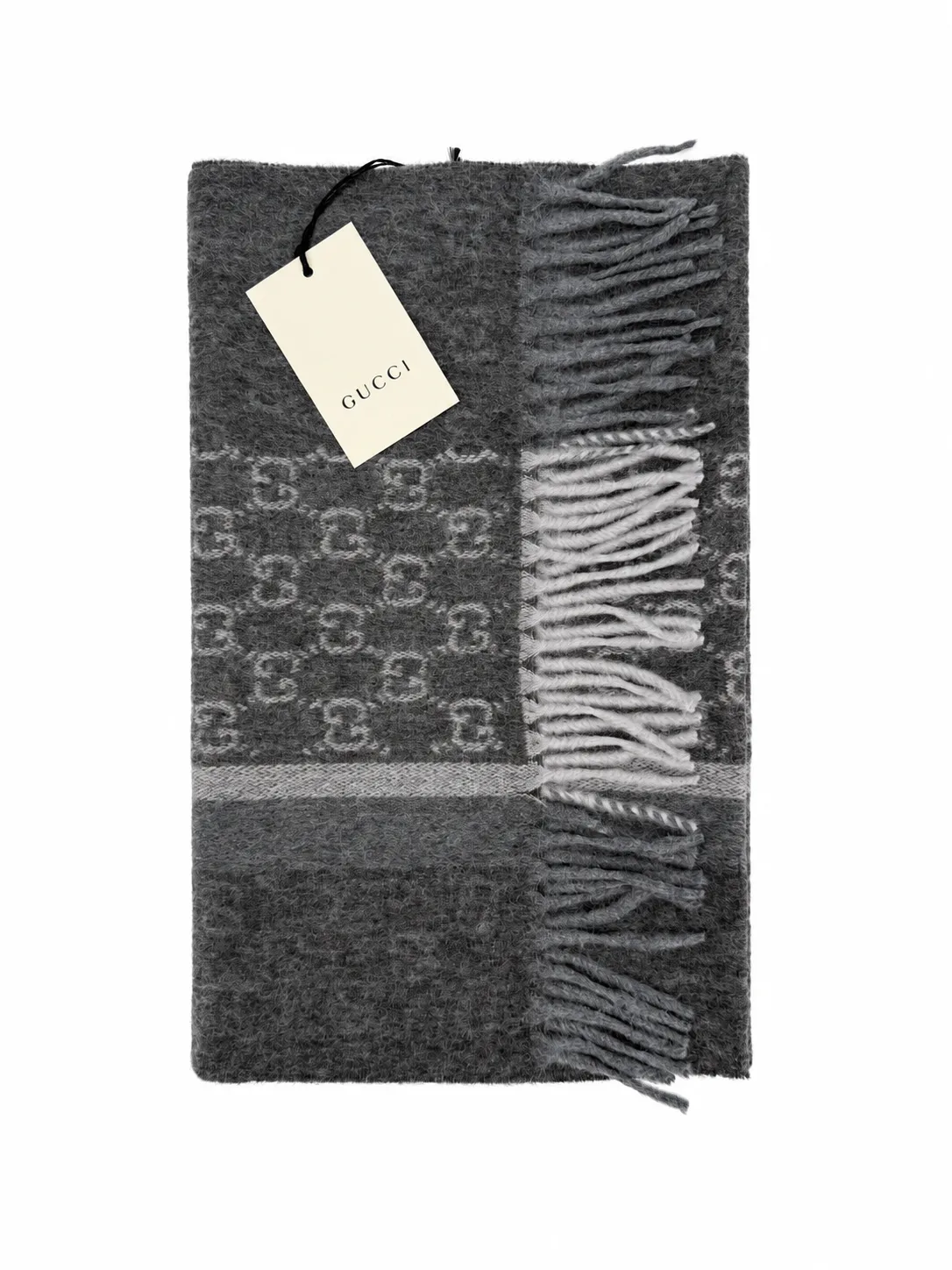 Monogram Charcoal Grey Cashmere & Wool Scarf with Fringe - Image 8