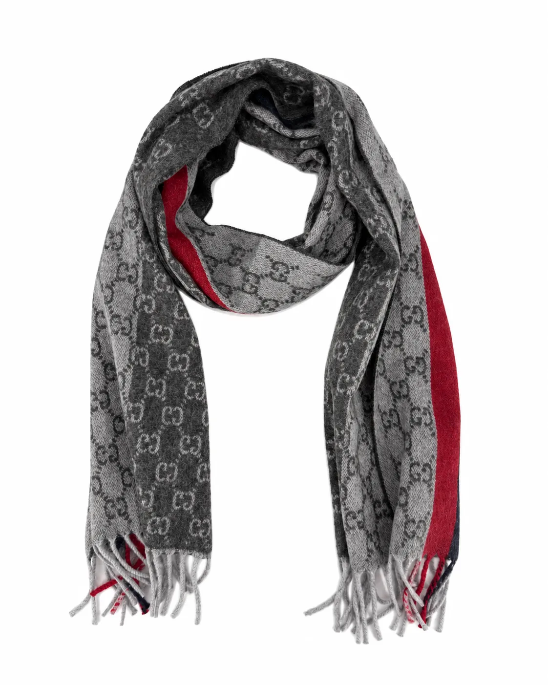 Monogram Grey Cashmere & Wool Scarf with Red & Black Stripe - Image 5