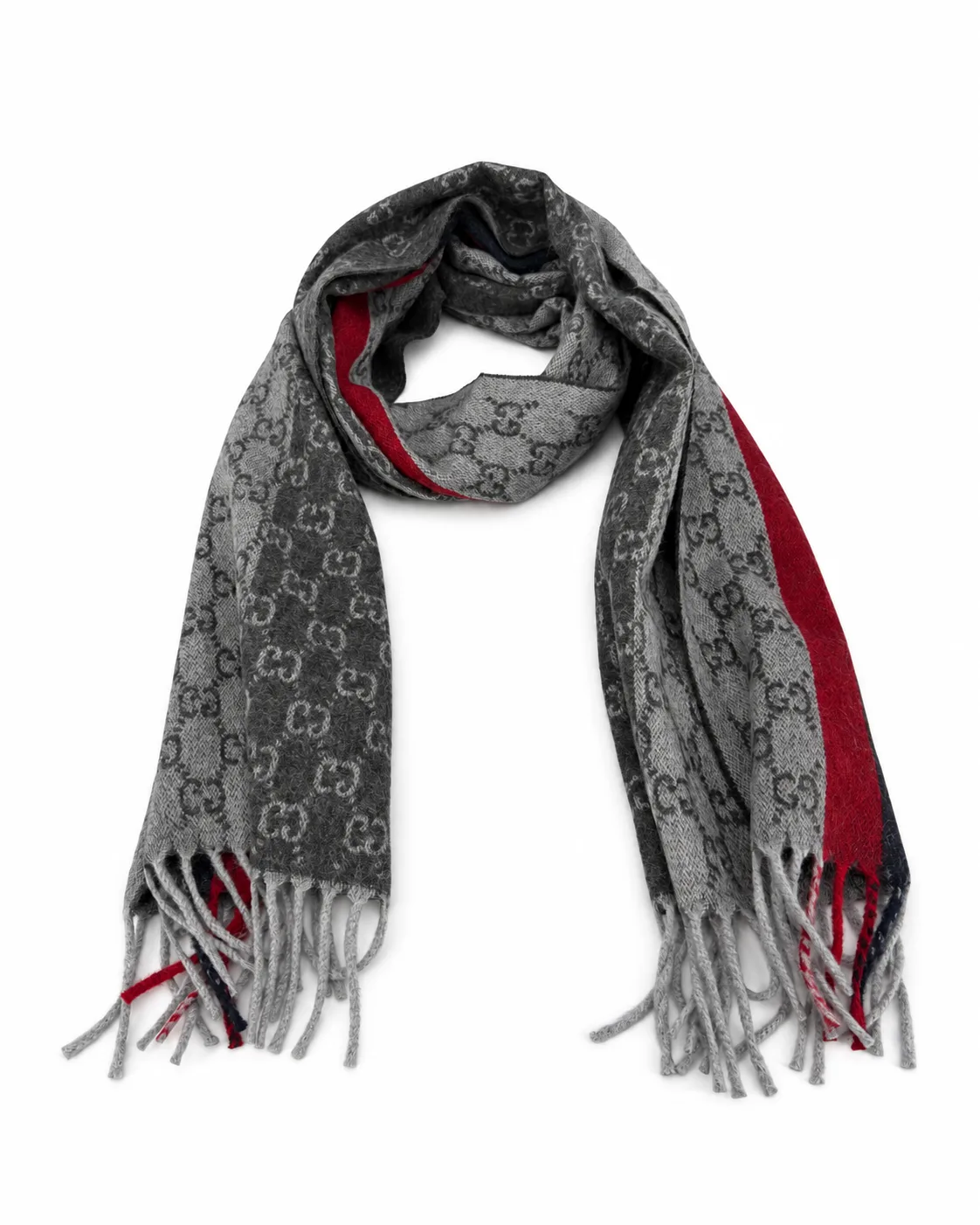 Monogram Grey Cashmere & Wool Scarf with Red & Black Stripe - Image 2