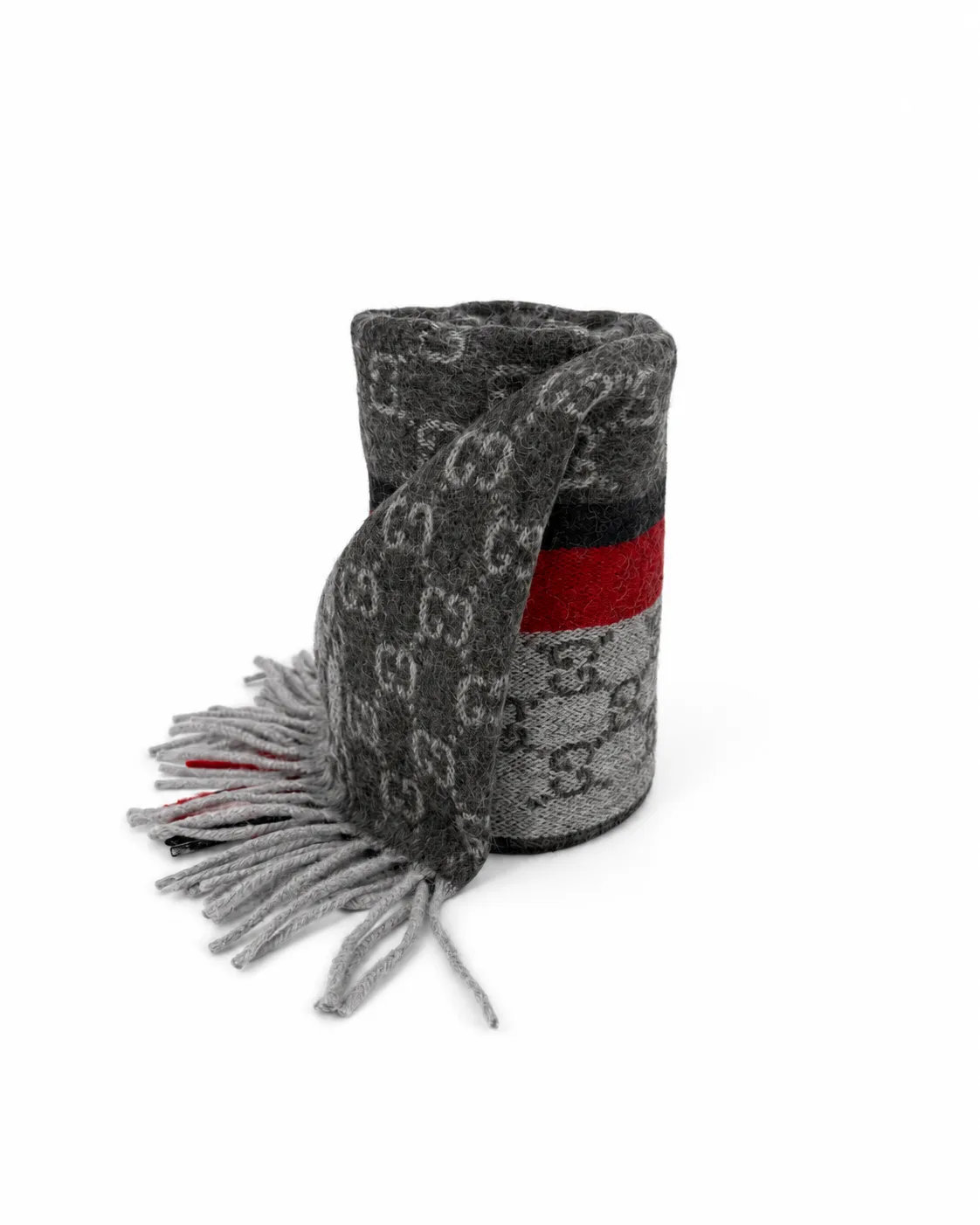 Monogram Grey Cashmere & Wool Scarf with Red & Black Stripe - Image 3