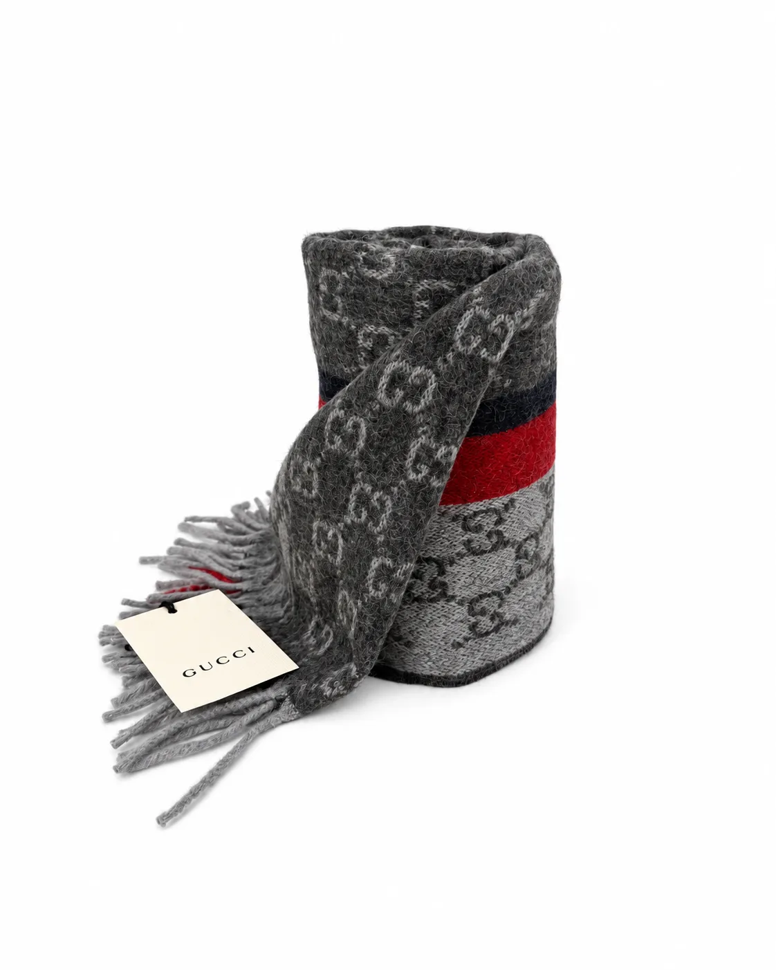 Monogram Grey Cashmere & Wool Scarf with Red & Black Stripe - Image 4