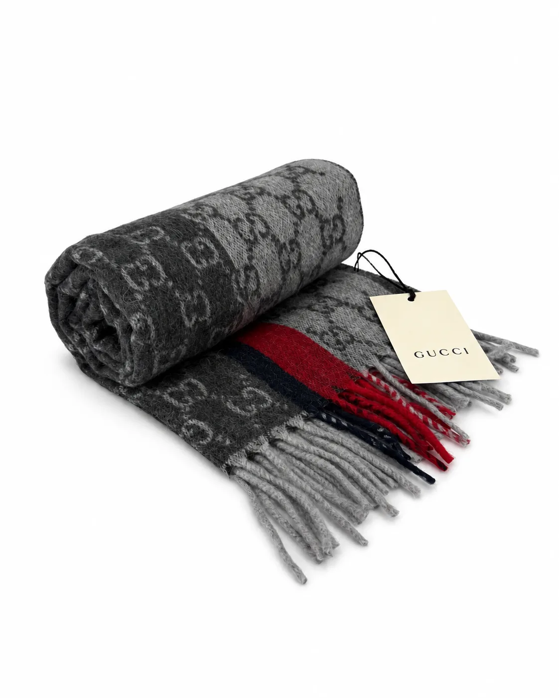 Monogram Grey Cashmere & Wool Scarf with Red & Black Stripe - Image 6
