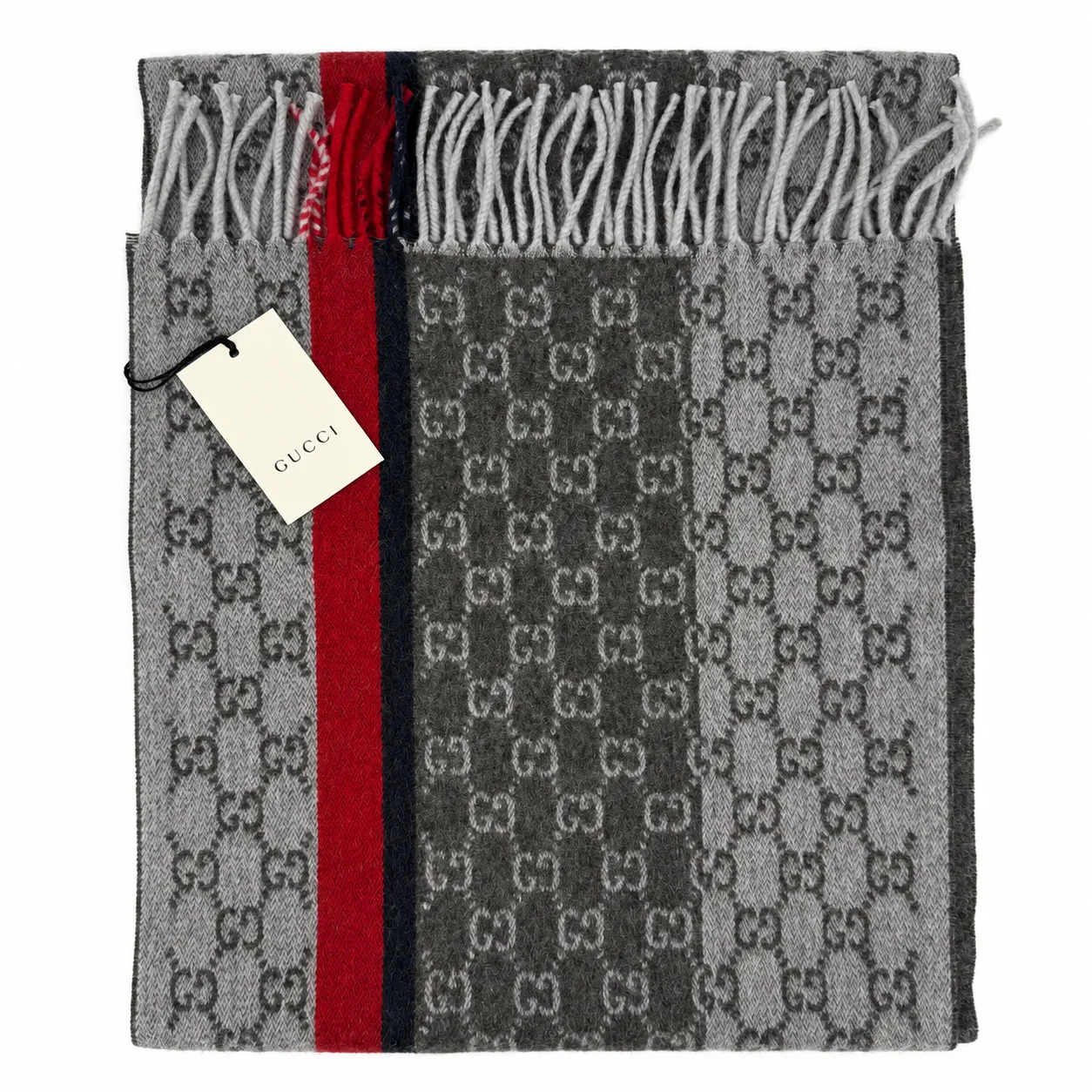 Monogram Grey Cashmere & Wool Scarf with Red & Black Stripe - Image 7