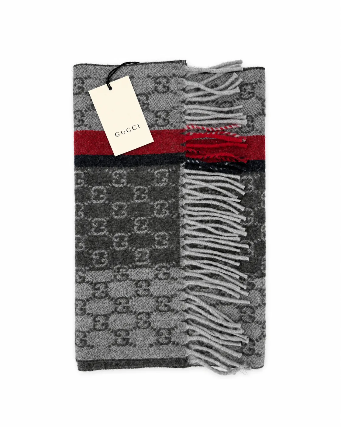 Monogram Grey Cashmere & Wool Scarf with Red & Black Stripe - Image 8