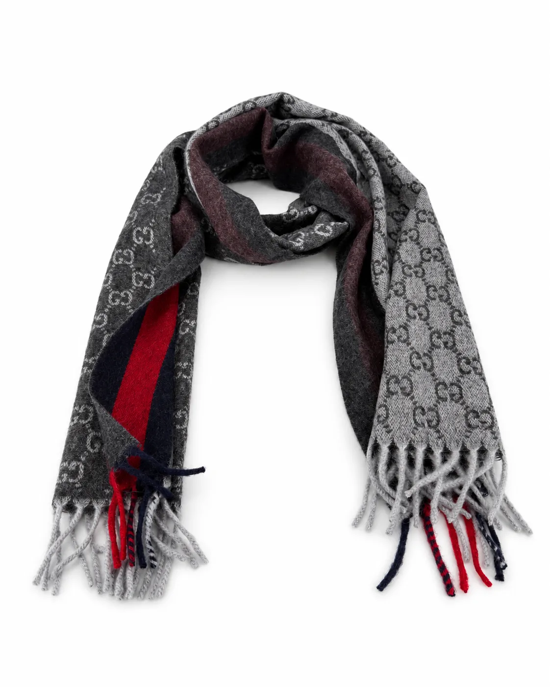Monogram Charcoal Grey Cashmere & Wool Scarf with Red & Navy Stripe - Image 2