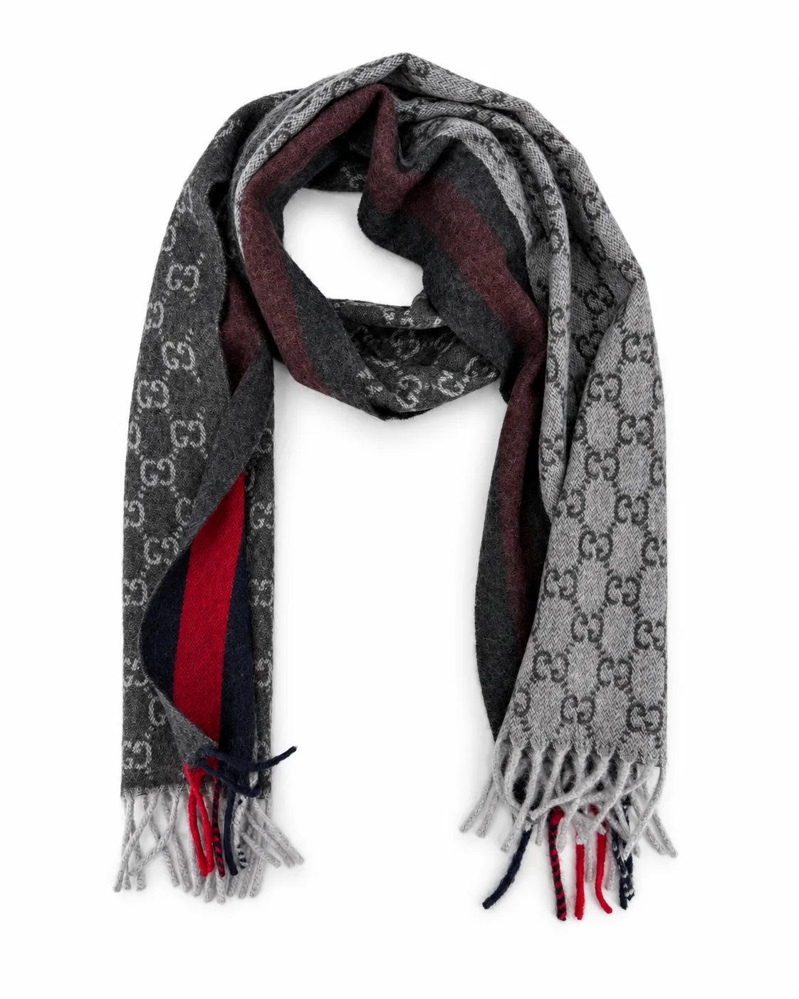 Monogram Charcoal Grey Cashmere & Wool Scarf with Red & Navy Stripe - Image 3