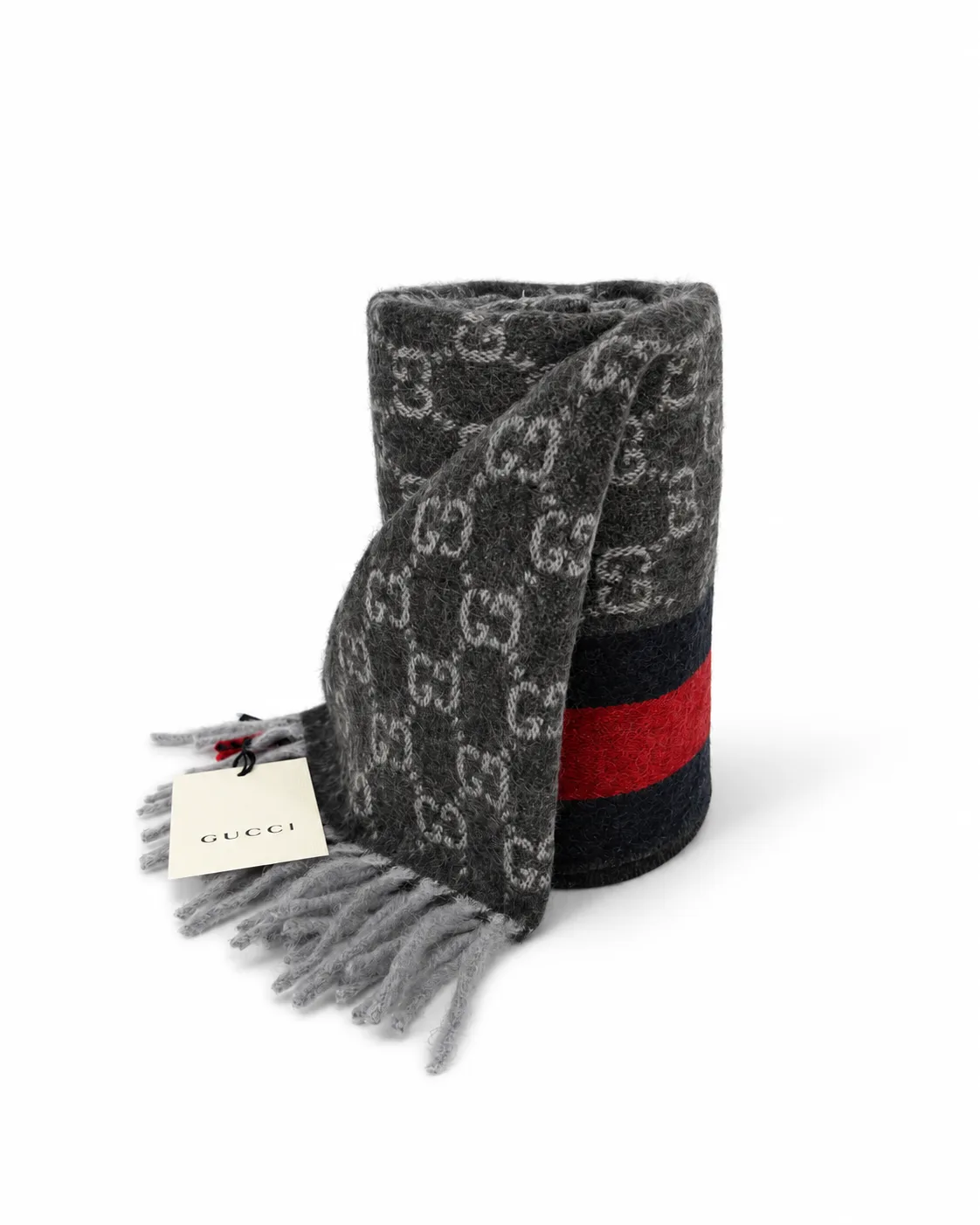Monogram Charcoal Grey Cashmere & Wool Scarf with Red & Navy Stripe - Image 4