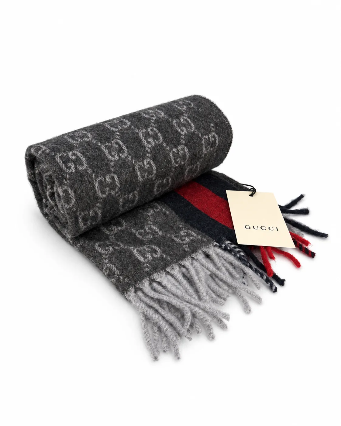 Monogram Charcoal Grey Cashmere & Wool Scarf with Red & Navy Stripe - Image 5