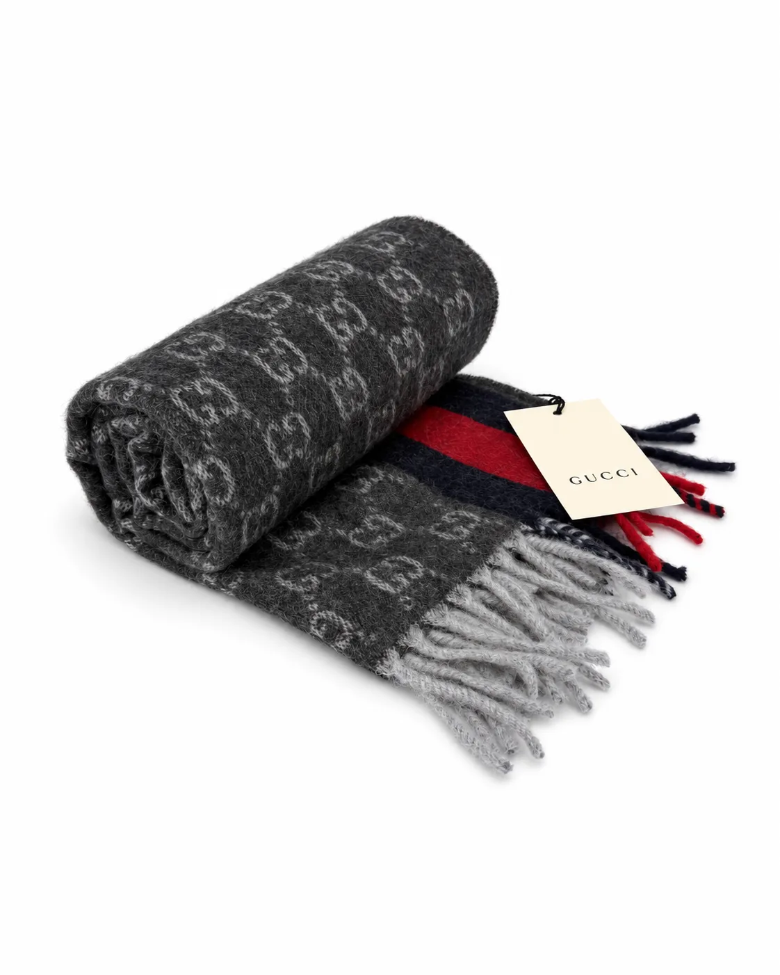 Monogram Charcoal Grey Cashmere & Wool Scarf with Red & Navy Stripe - Image 6