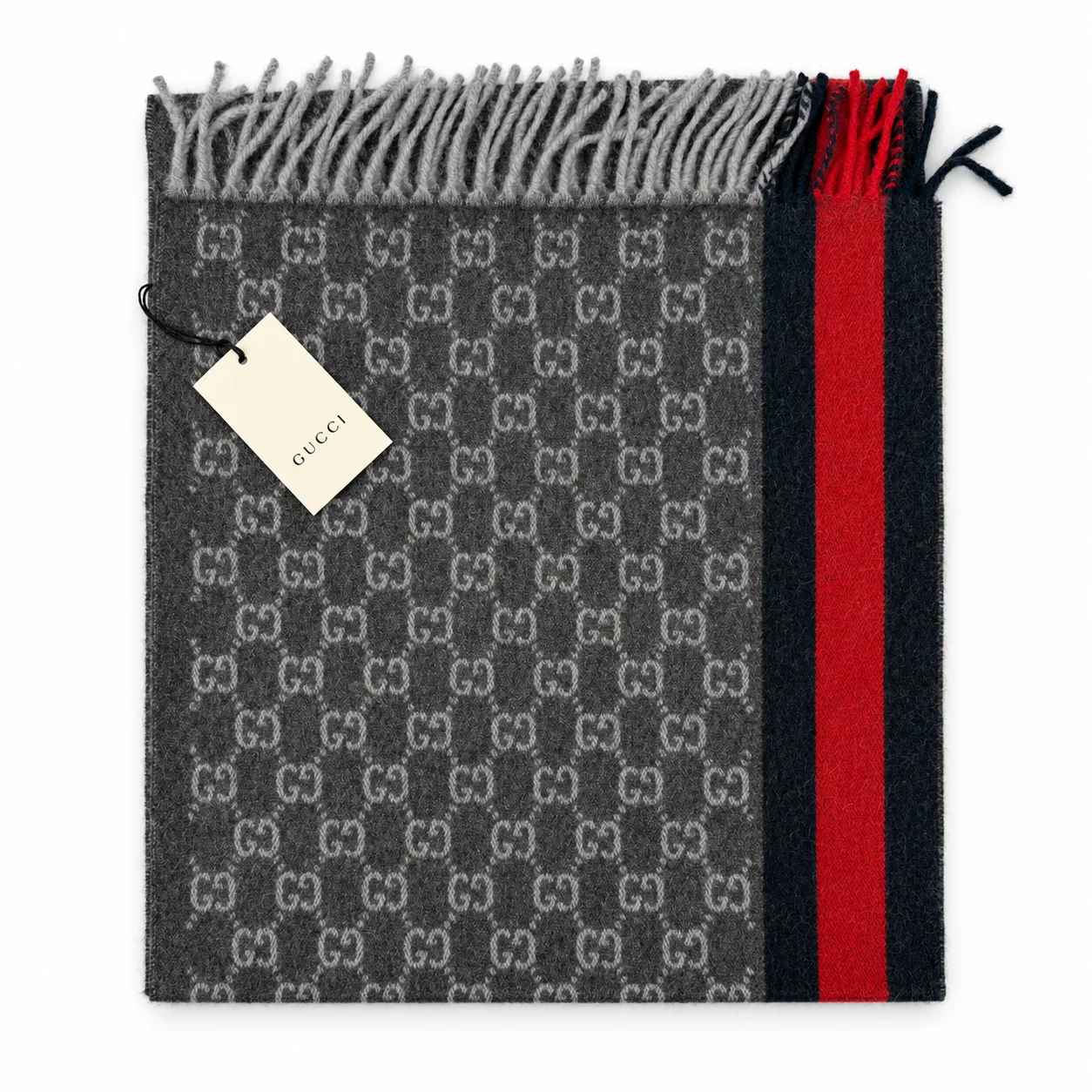 Monogram Charcoal Grey Cashmere & Wool Scarf with Red & Navy Stripe - Image 7
