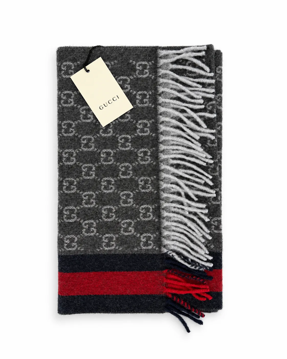Monogram Charcoal Grey Cashmere & Wool Scarf with Red & Navy Stripe - Image 8