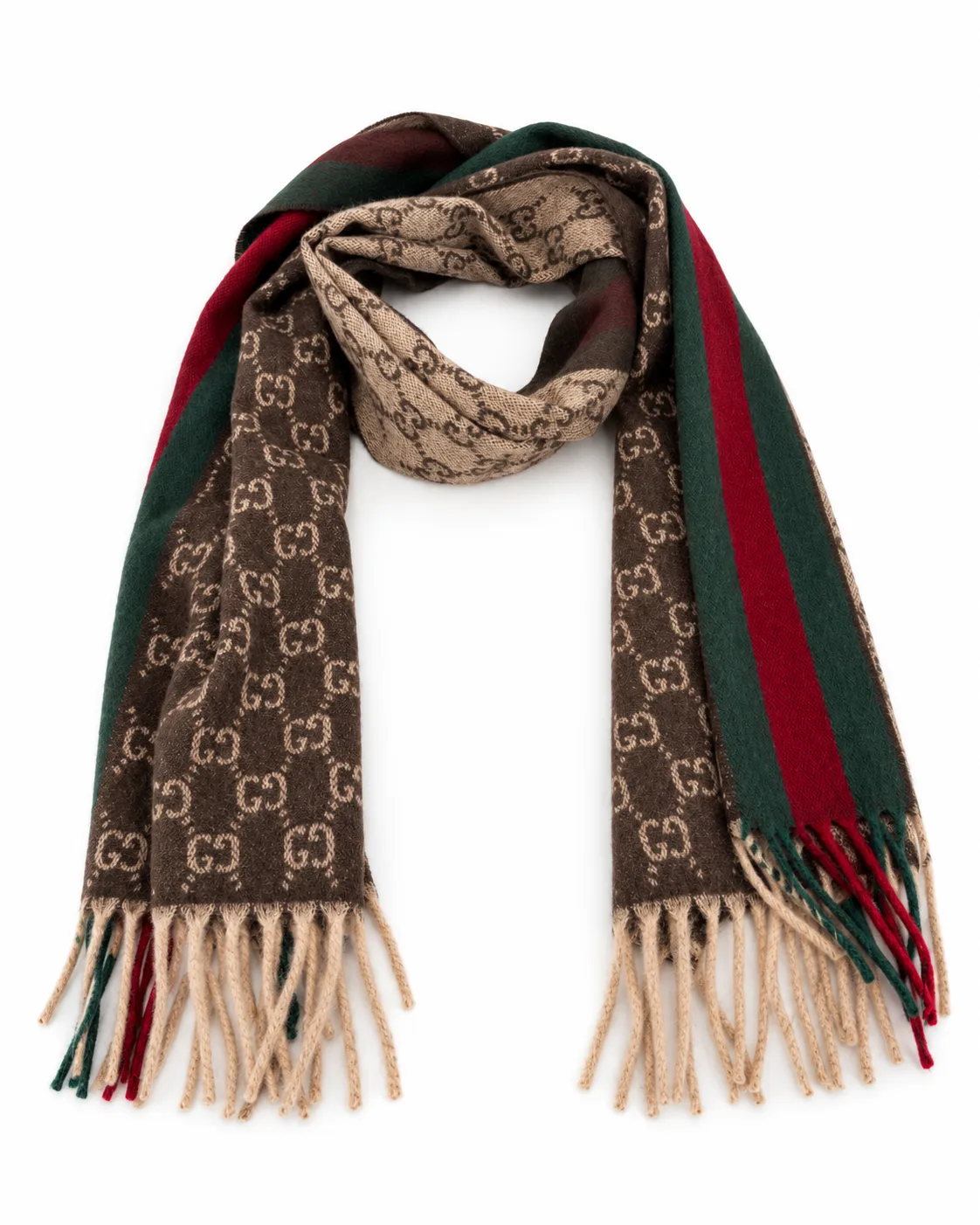 Monogram Brown Cashmere & Wool Scarf with Green & Red Web Stripe - Image 2