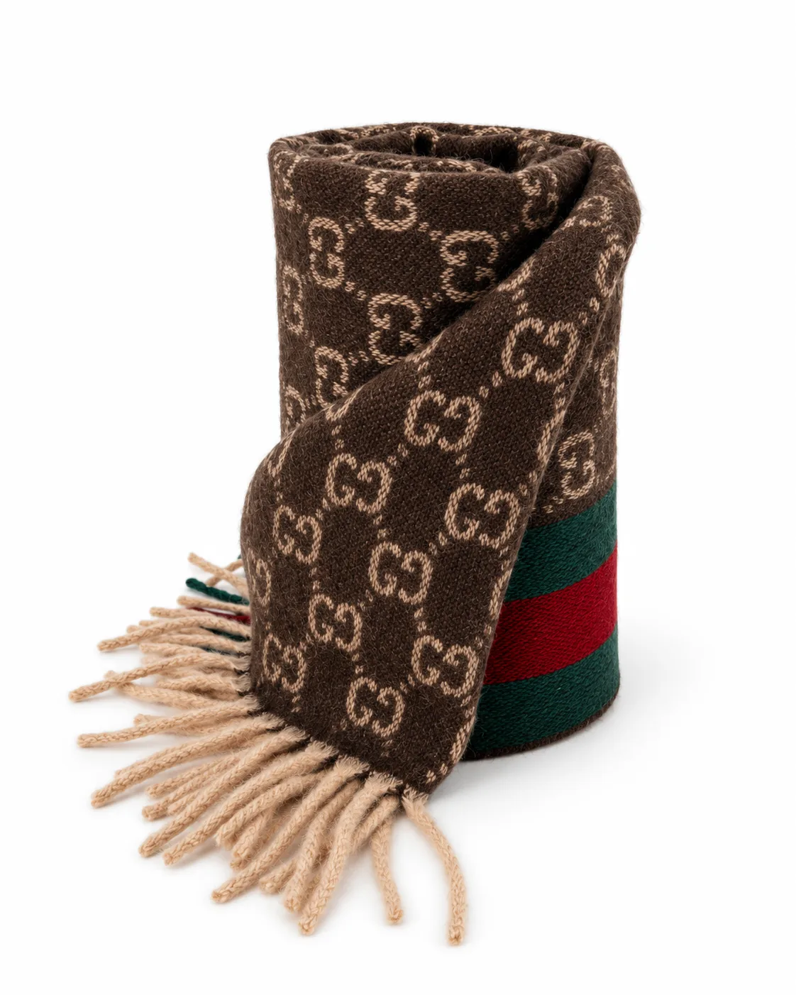 Monogram Brown Cashmere & Wool Scarf with Green & Red Web Stripe - Image 3