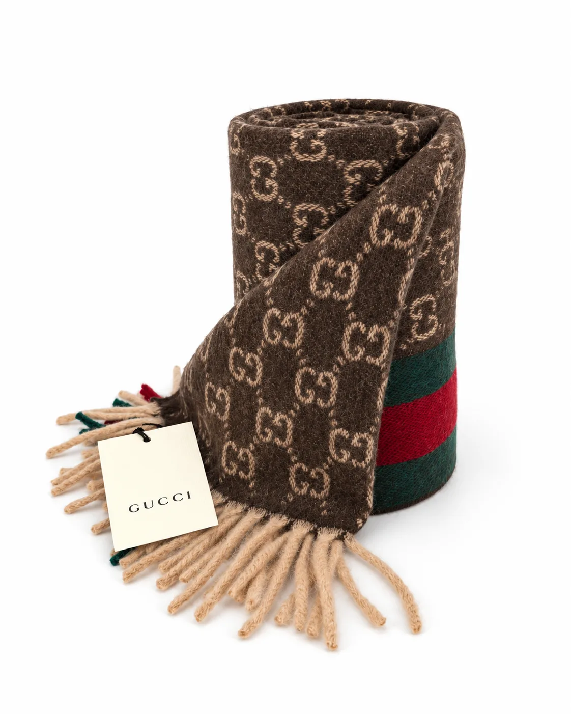 Monogram Brown Cashmere & Wool Scarf with Green & Red Web Stripe - Image 4