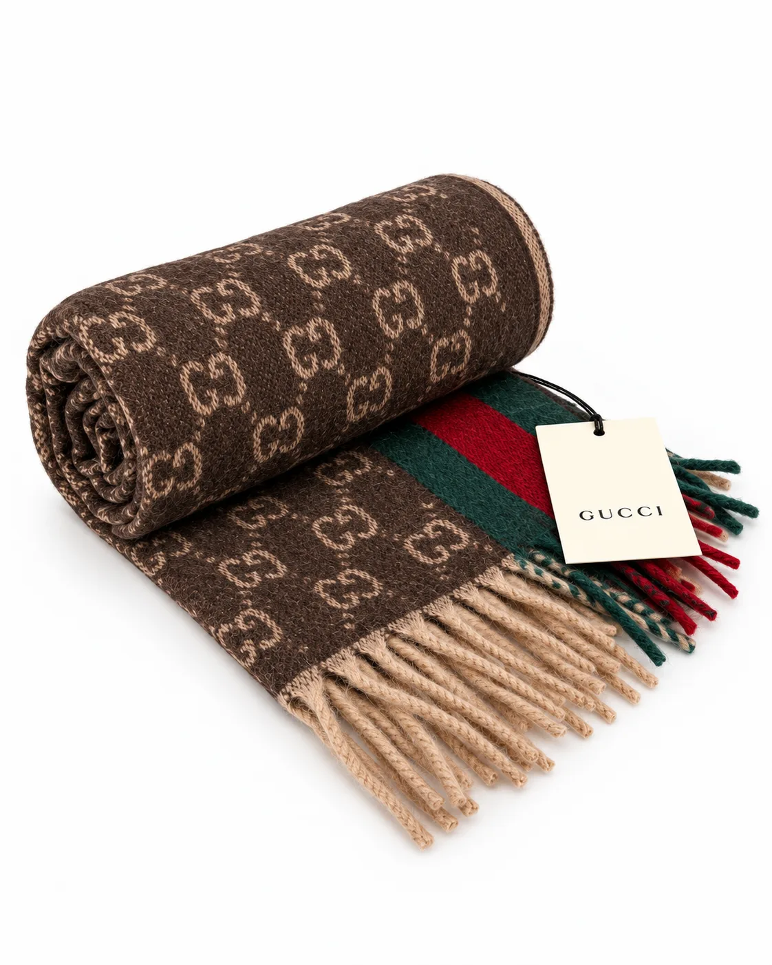 Monogram Brown Cashmere & Wool Scarf with Green & Red Web Stripe - Image 5